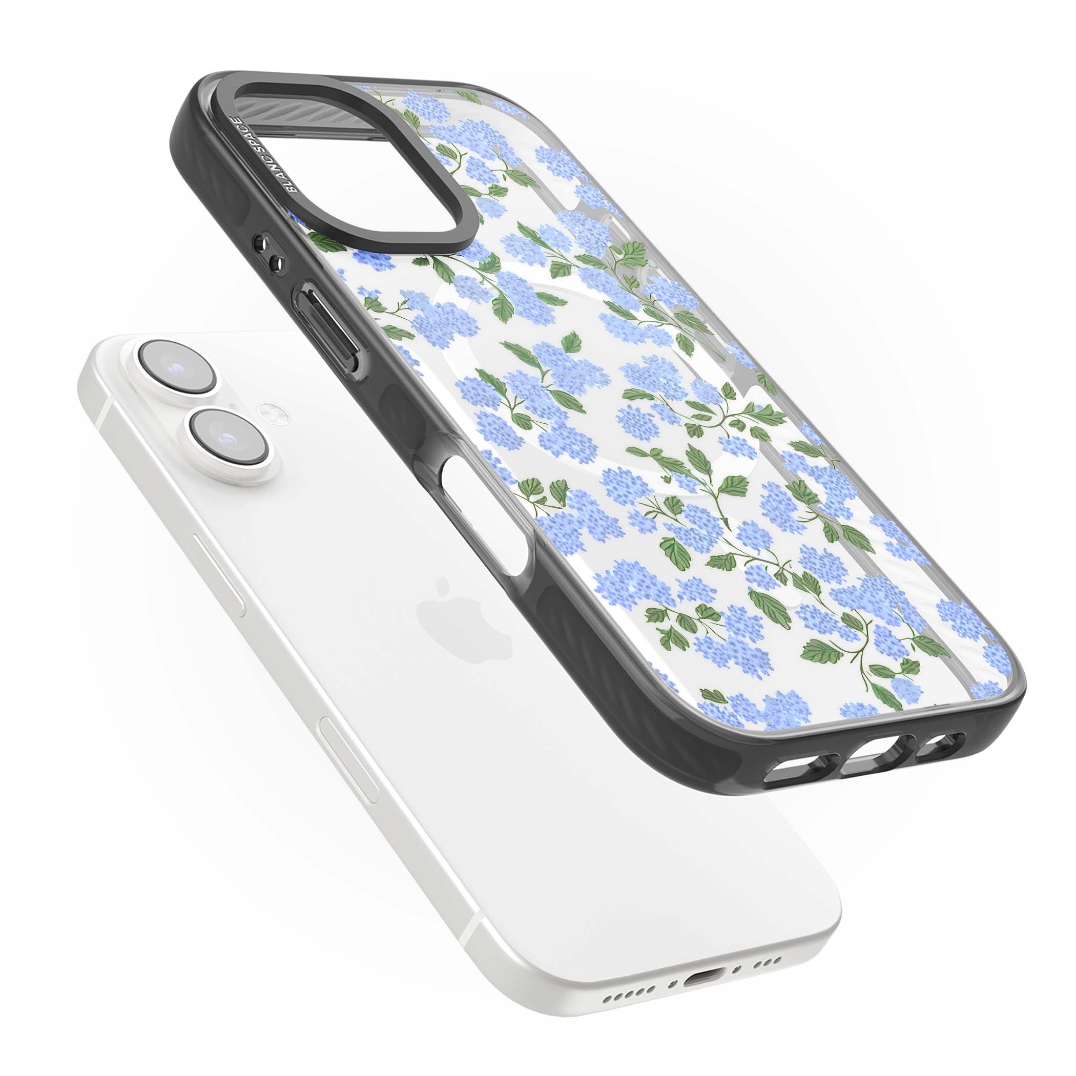 Hydrangea Dreams cottagecore iPhone case featuring soft blue hydrangea flower clusters and green leaves | Black Impact Magsafe case for iPhone 16, iPhone 16 Plus