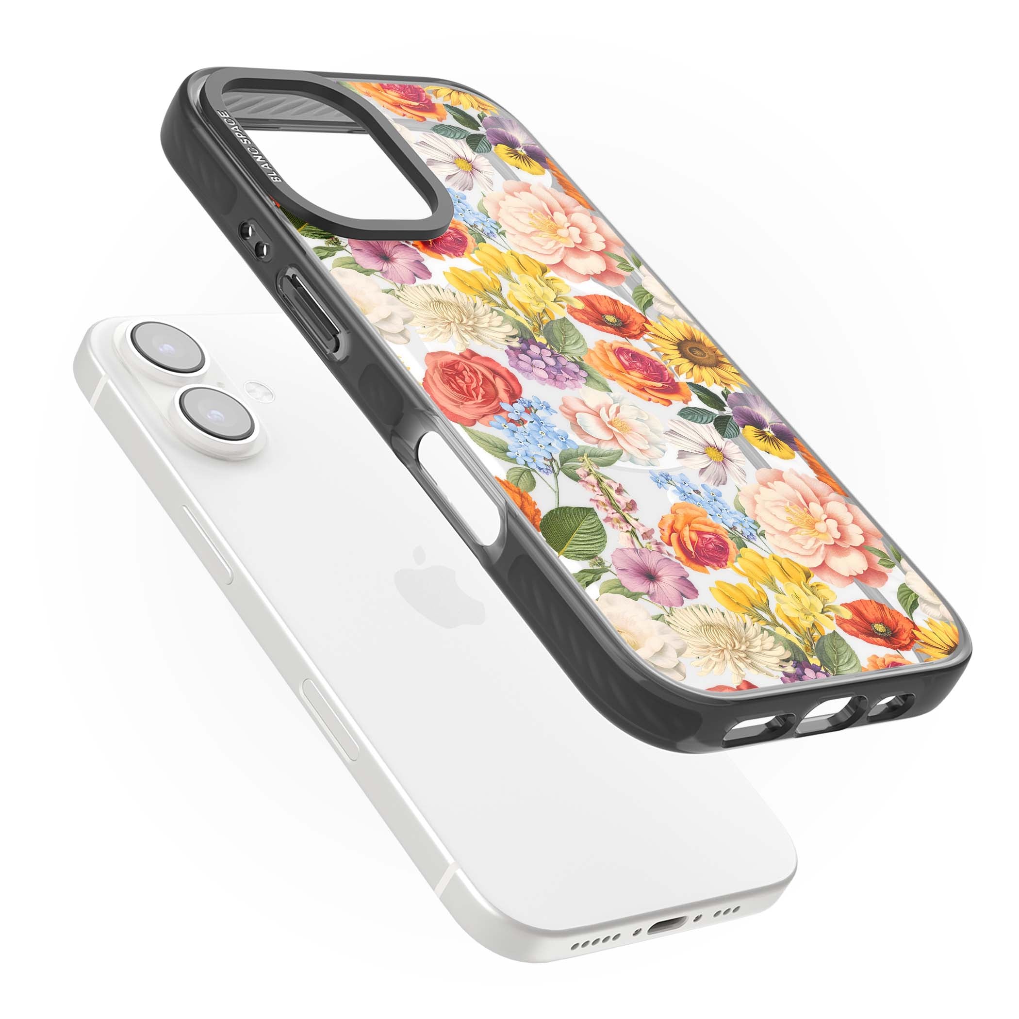 Bloom Basket floral iPhone case featuring cottage garden flowers including peonies, sunflowers, and wildflowers in pastel col | Black Impact Magsafe case for iPhone 16, iPhone 16 Plus