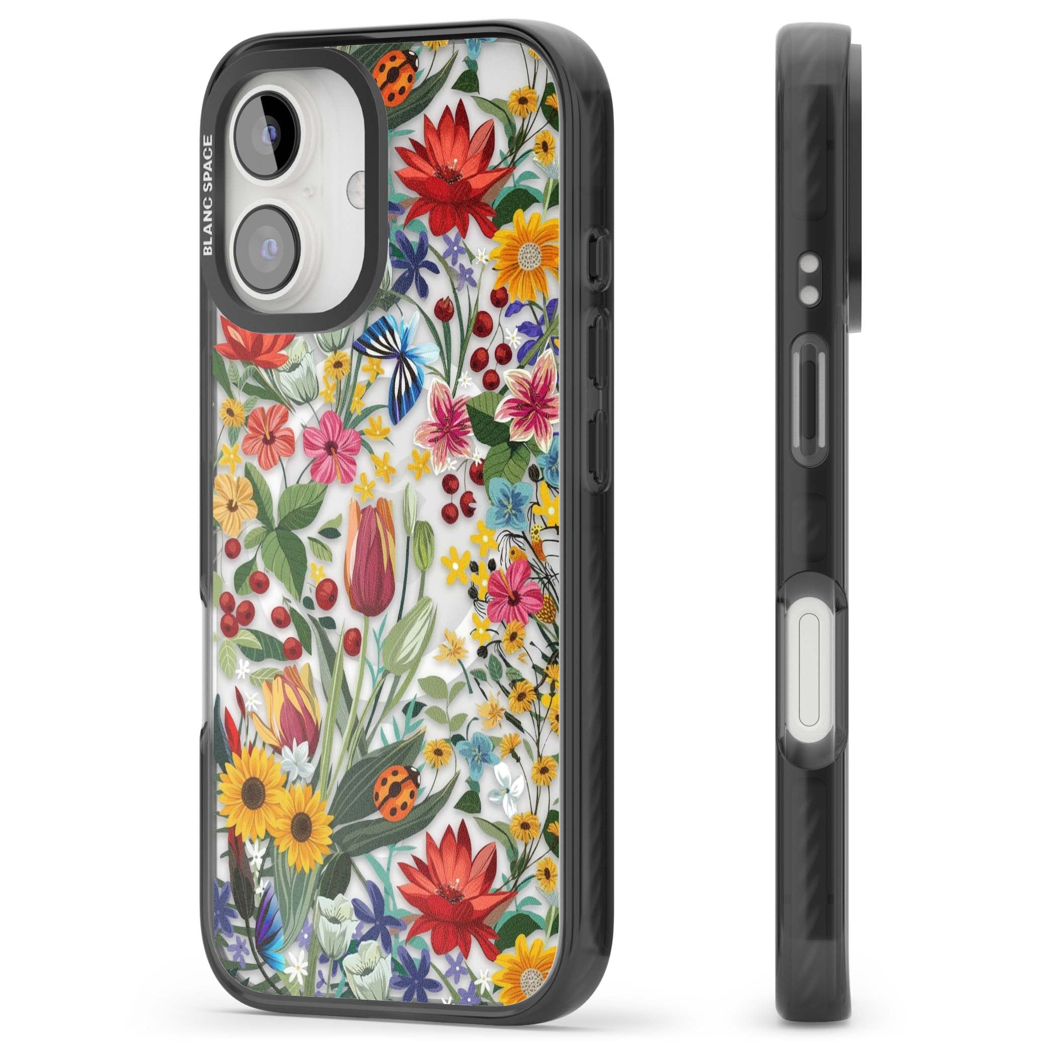 Botanical Bloom cottagecore iPhone case featuring colorful wildflowers, sunflowers, and ladybugs on clear background | Black Impact Magsafe case for iPhone 16, iPhone 16 Plus
