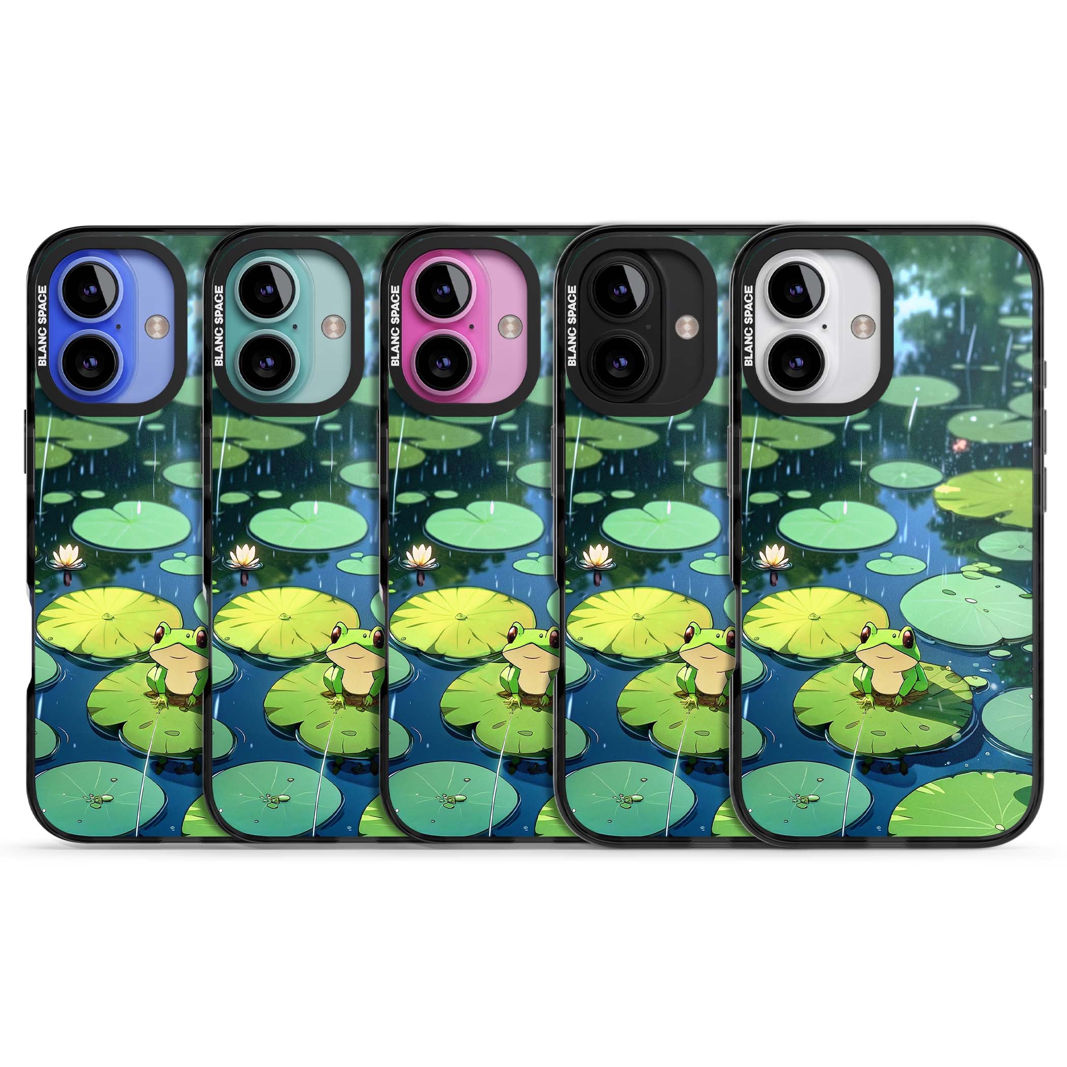 Frog In Lily Pond cottagecore iPhone case featuring a cute green frog on a lily pad with falling rain and a lotus flower | Black Impact Magsafe case for iPhone 16, iPhone 16 Plus
