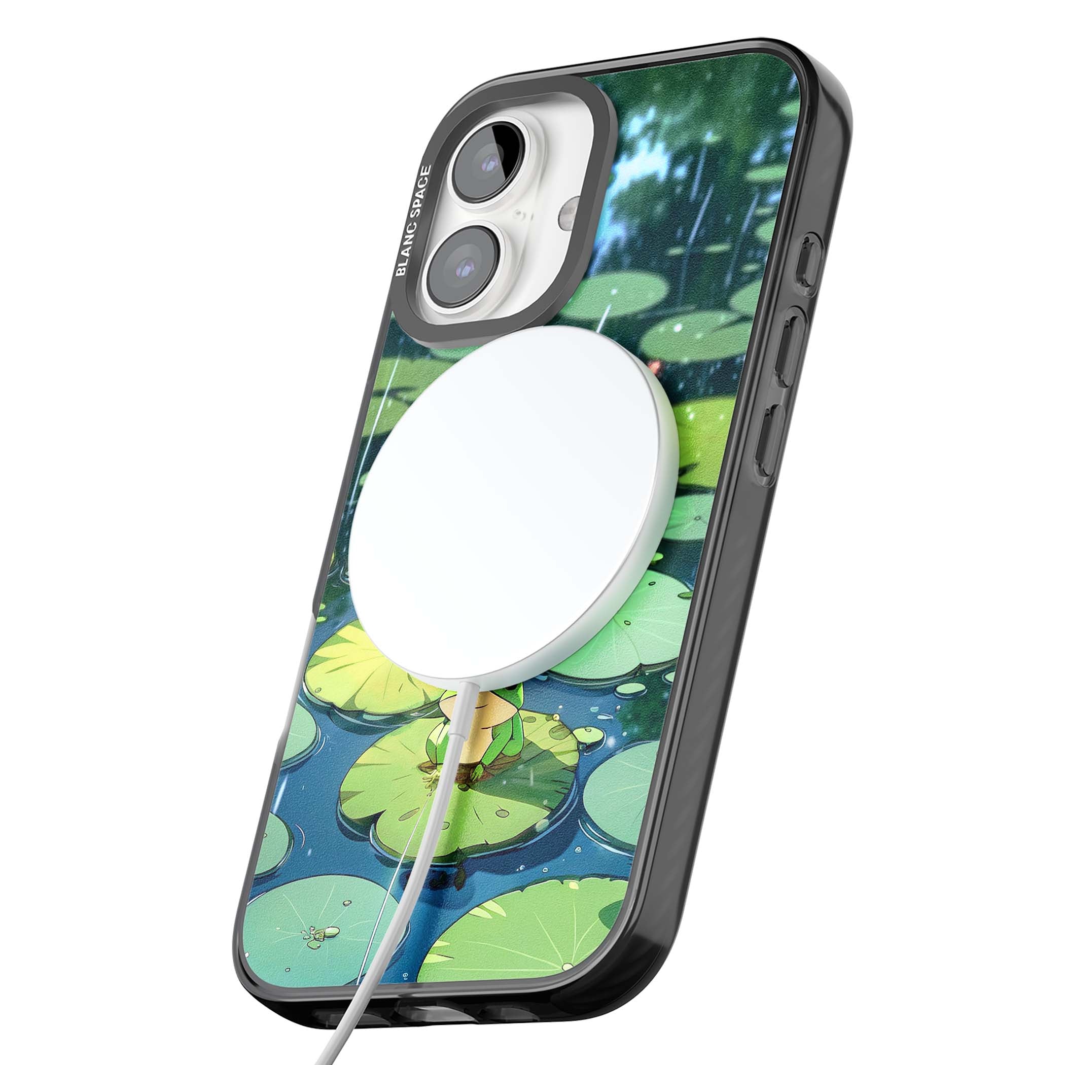 Frog In Lily Pond cottagecore iPhone case featuring a cute green frog on a lily pad with falling rain and a lotus flower | Black Impact Magsafe case for iPhone 16, iPhone 16 Plus