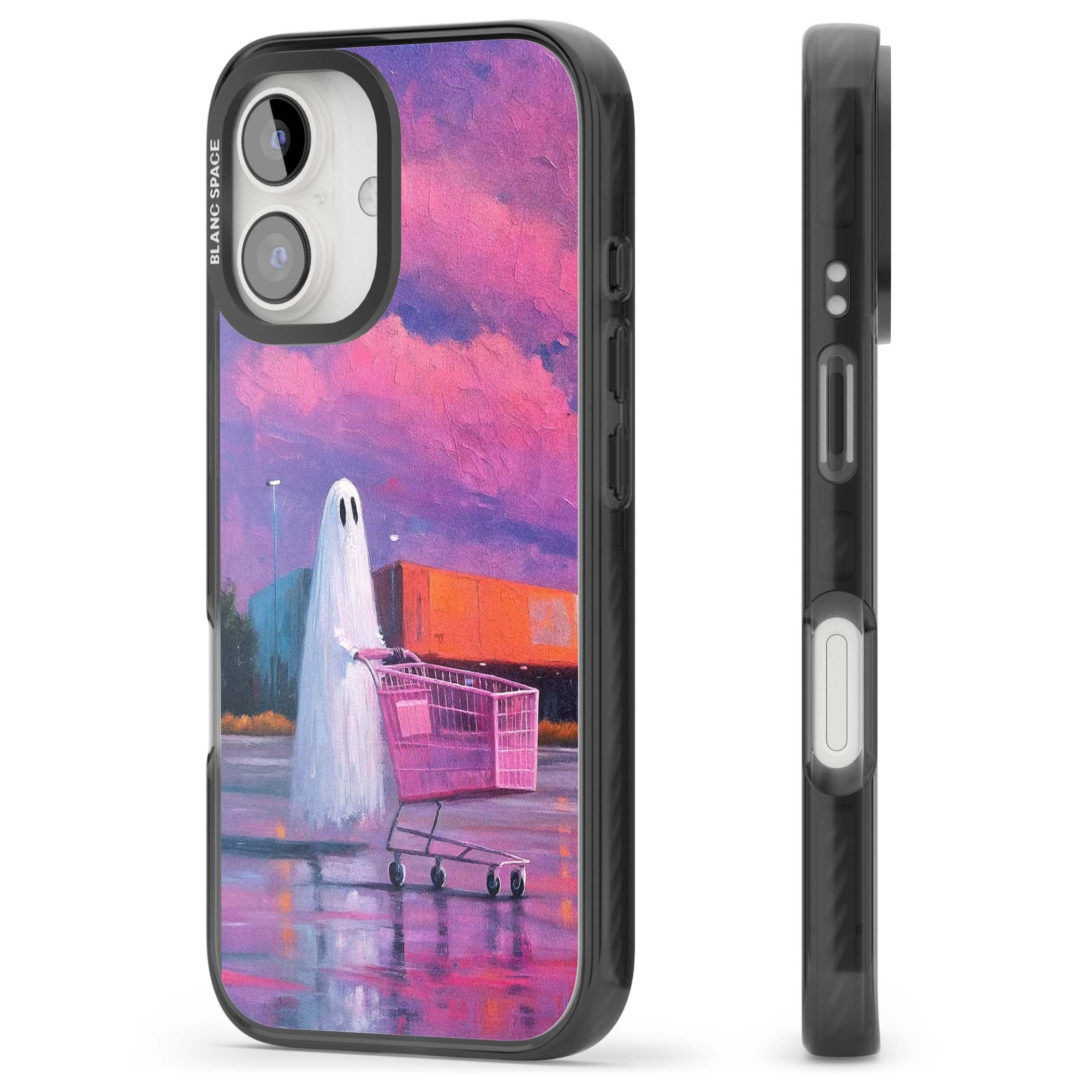 A Ghost's Errand ghost halloween iPhone case featuring a painted ghost, pink shopping trolley and purple sunset sky | Black Impact Magsafe case for iPhone 16, iPhone 16 Plus