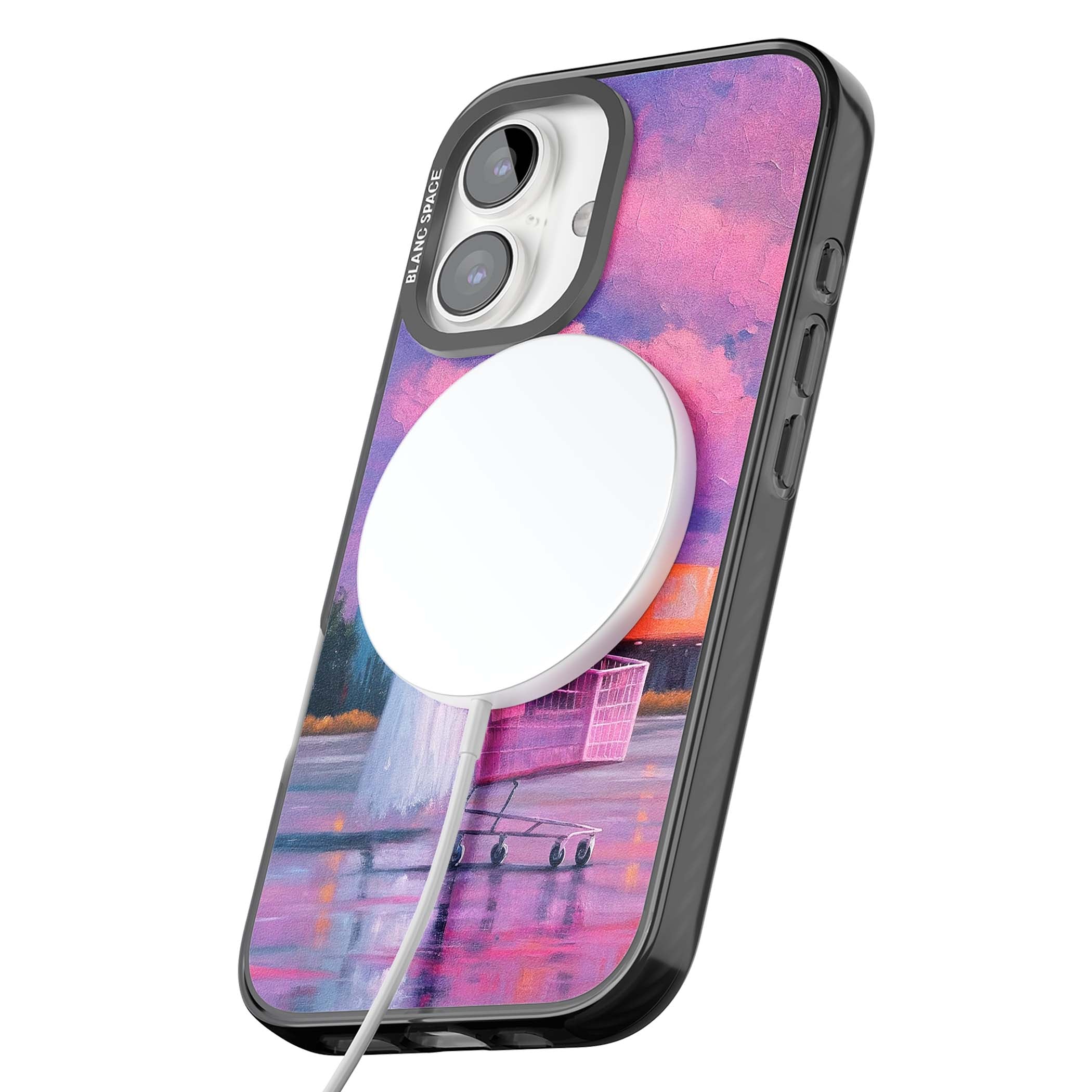 A Ghost's Errand ghost halloween iPhone case featuring a painted ghost, pink shopping trolley and purple sunset sky | Black Impact Magsafe case for iPhone 16, iPhone 16 Plus