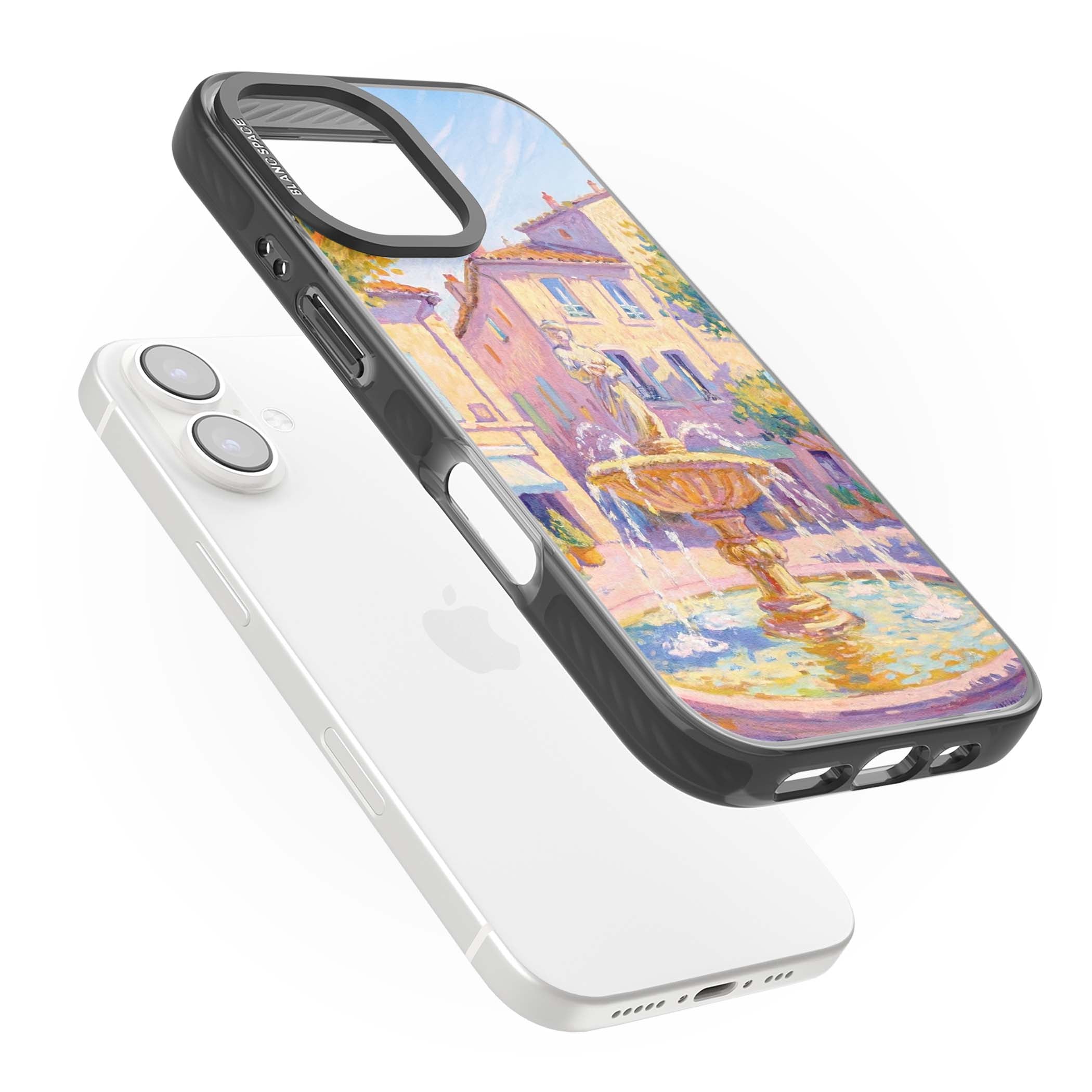 Fountain Square fine art iPhone case featuring an impressionist Provençal fountain, pastel village buildings and summe | Black Impact Magsafe case for iPhone 16, iPhone 16 Plus