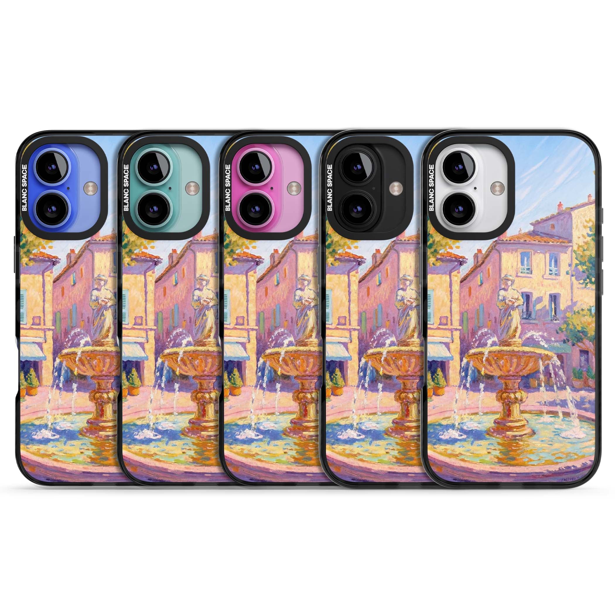 Fountain Square fine art iPhone case featuring an impressionist Provençal fountain, pastel village buildings and summe | Black Impact Magsafe case for iPhone 16, iPhone 16 Plus