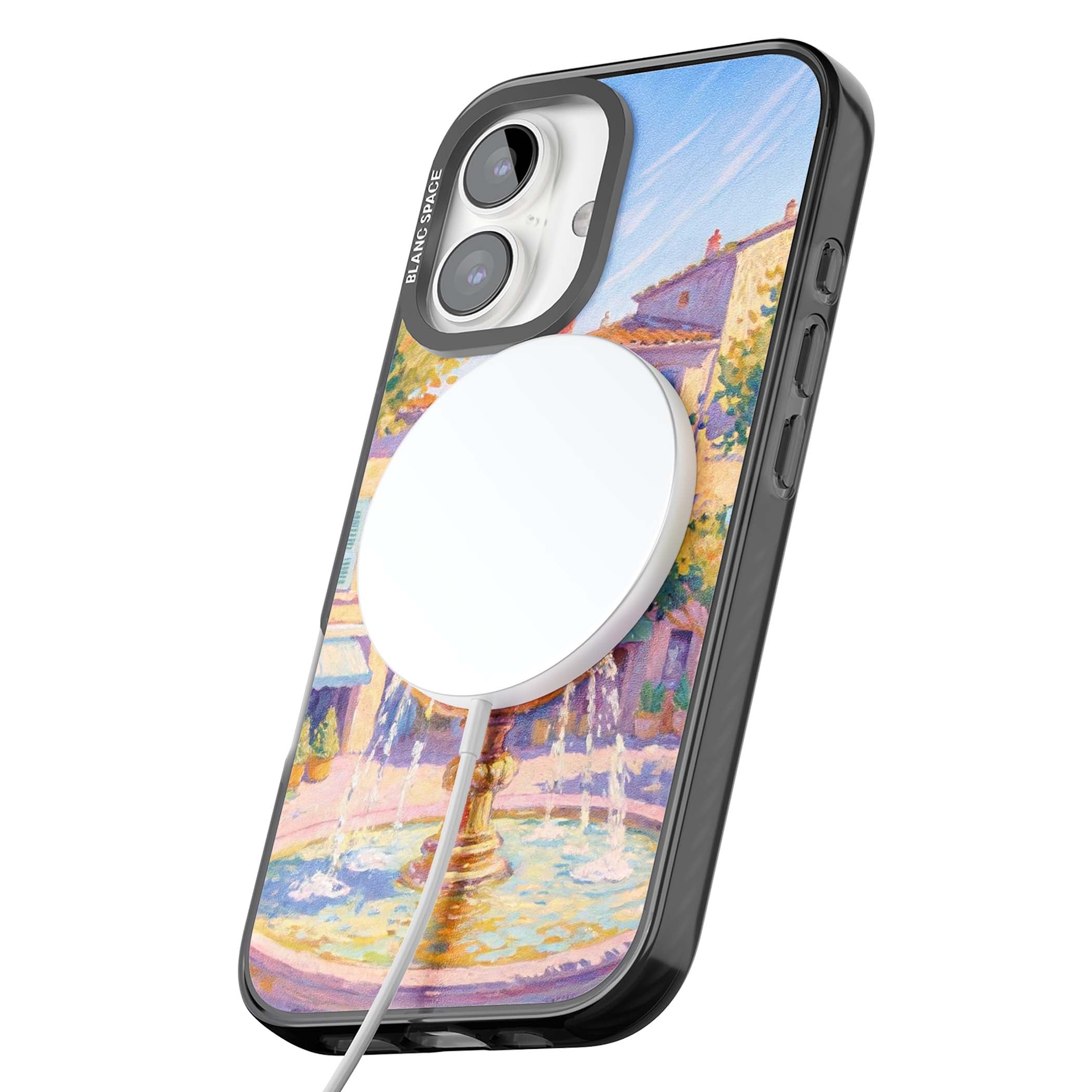 Fountain Square fine art iPhone case featuring an impressionist Provençal fountain, pastel village buildings and summe | Black Impact Magsafe case for iPhone 16, iPhone 16 Plus