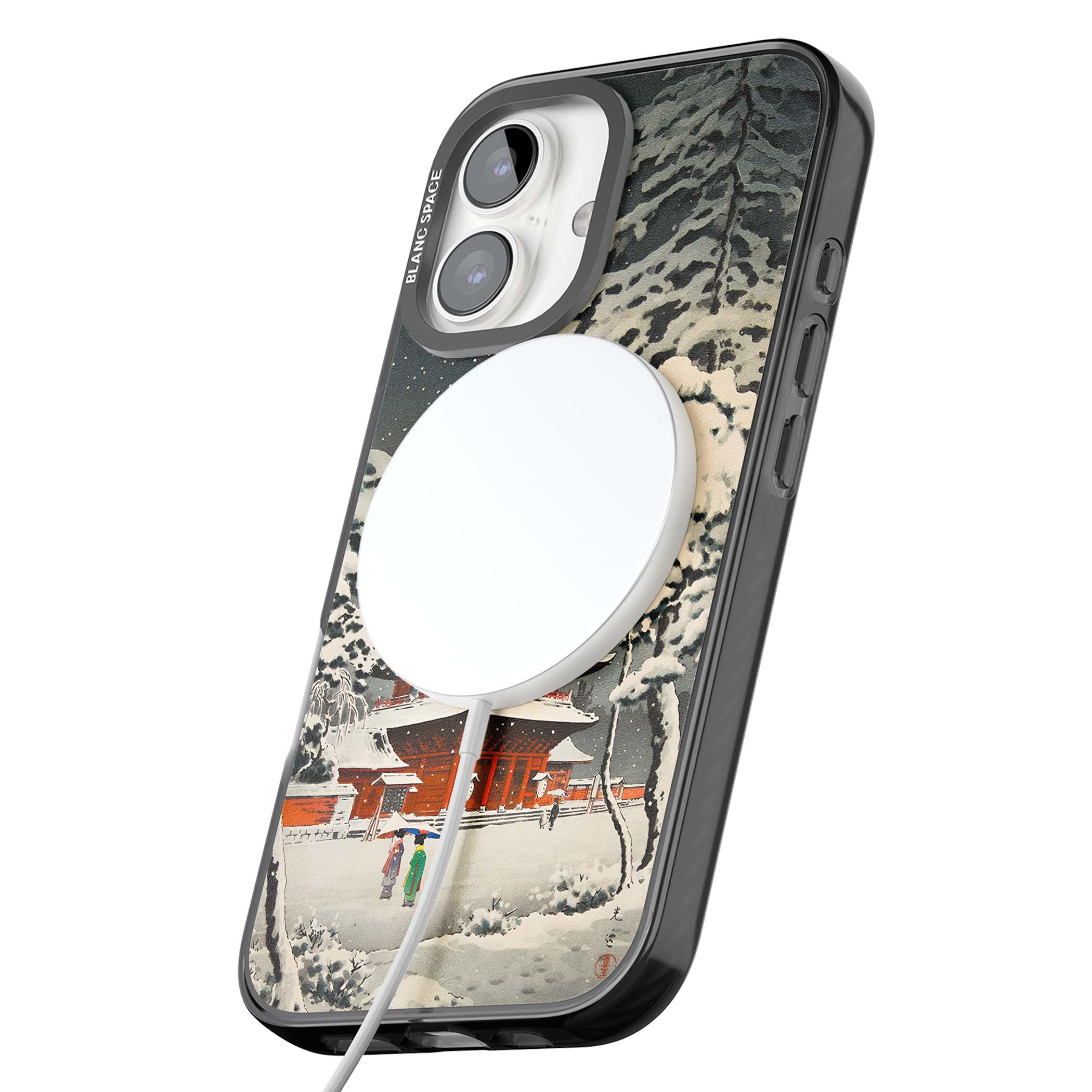 Snow at Shiha Park, Tokyo Japanese art iPhone case featuring a vintage ukiyo-e snowy temple, red pagoda, and snow-covered pin | Black Impact Magsafe case for iPhone 16, iPhone 16 Plus