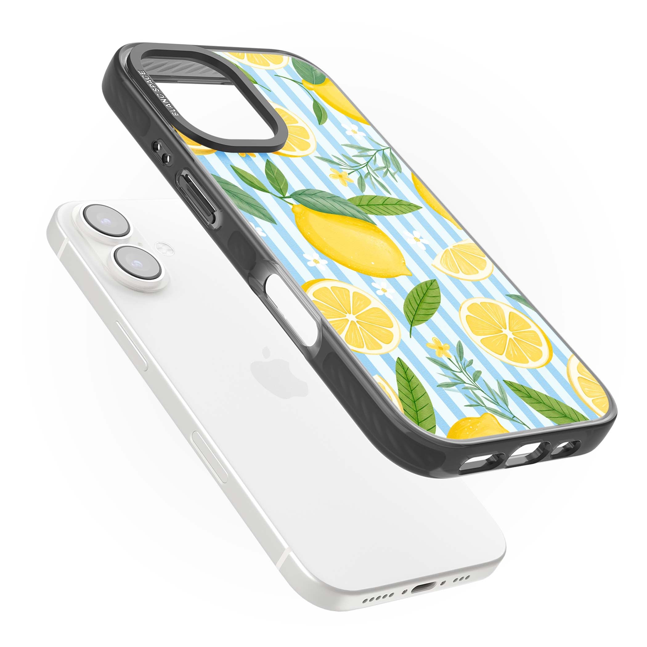 Capri Citrus Stripe coastal iPhone case featuring yellow lemons, blue stripes, and white daisy blossoms | Black Impact Magsafe case for iPhone 16, iPhone 16 Plus
