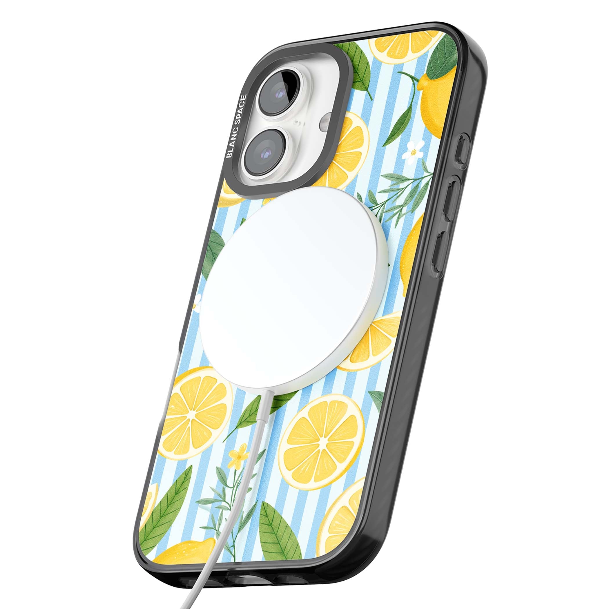 Capri Citrus Stripe coastal iPhone case featuring yellow lemons, blue stripes, and white daisy blossoms | Black Impact Magsafe case for iPhone 16, iPhone 16 Plus