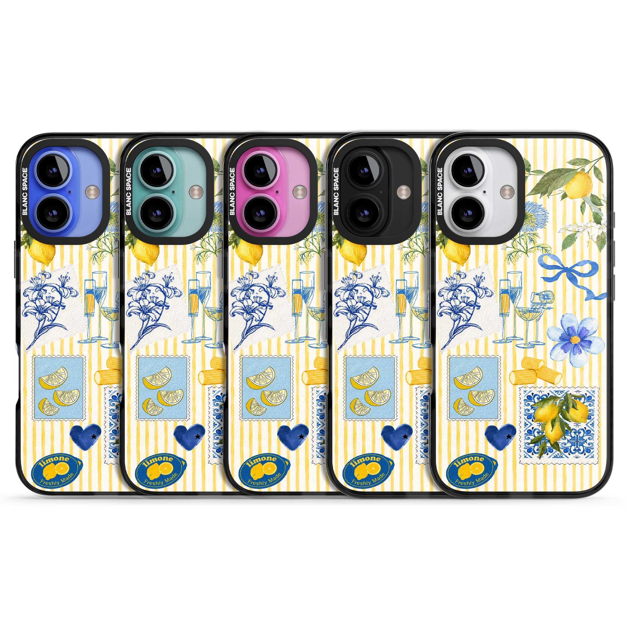 Limone Riviera Italian summer iPhone case featuring watercolour lemons, blue ribbon bows and majolica tile stamps on... | Black Impact Magsafe case for iPhone 16, iPhone 16 Plus