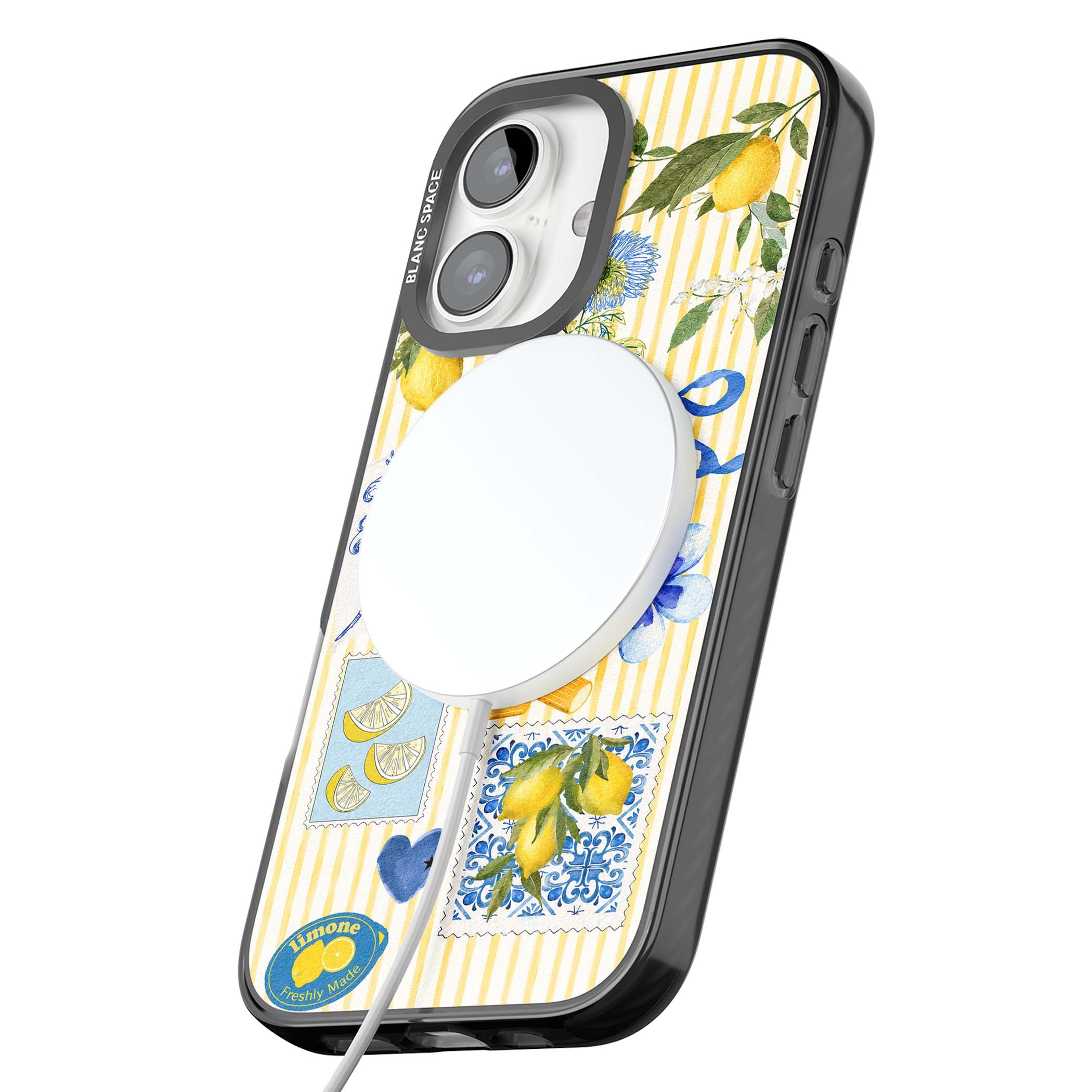 Limone Riviera Italian summer iPhone case featuring watercolour lemons, blue ribbon bows and majolica tile stamps on... | Black Impact Magsafe case for iPhone 16, iPhone 16 Plus