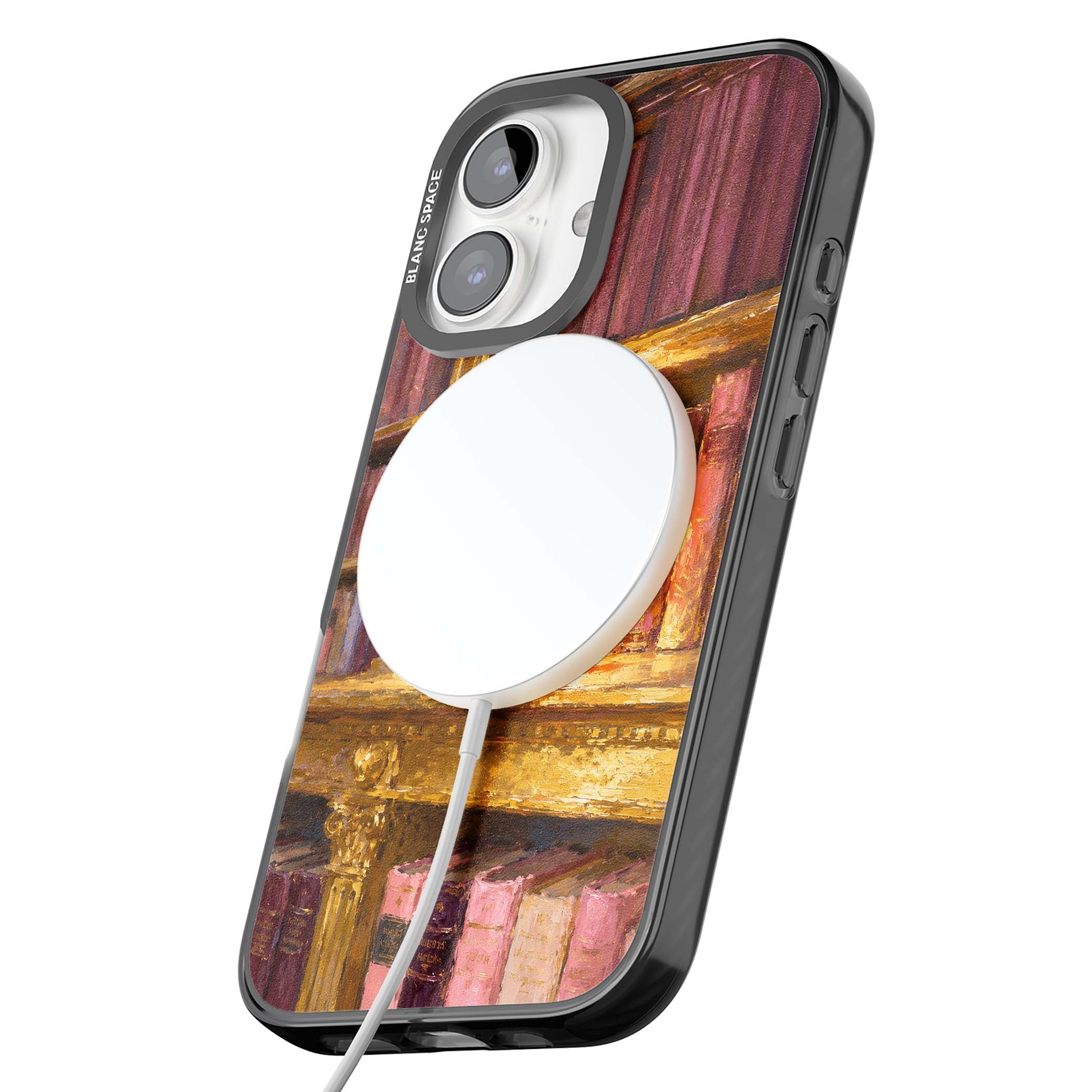Gilded Library dark academia iPhone case featuring an oil painted crystal ball on a gilded library shelf with vintage | Black Impact Magsafe case for iPhone 16, iPhone 16 Plus