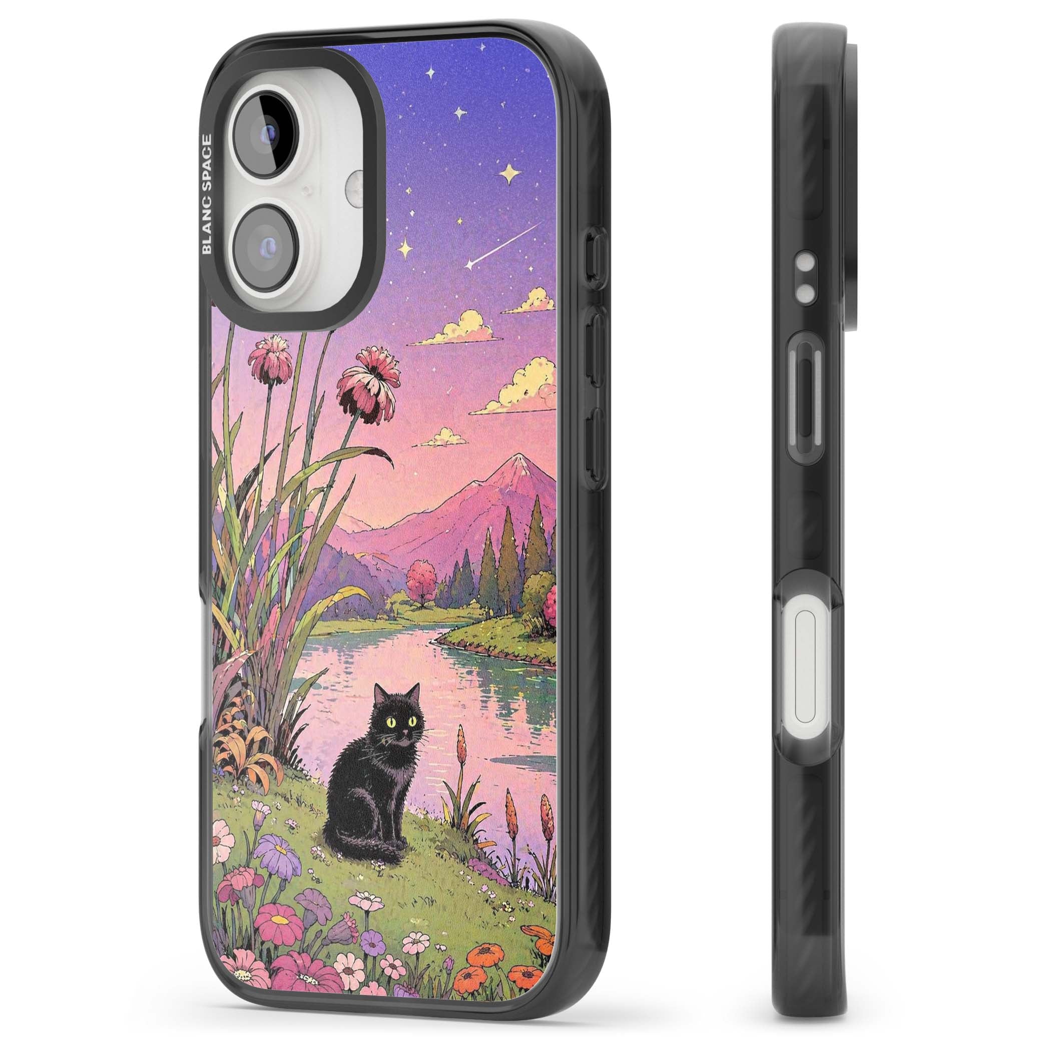 Mystic Whiskers ghibli iPhone case featuring a black cat by a pastel lake, wildflowers and a starry sunset sky | Black Impact Magsafe case for iPhone 16, iPhone 16 Plus