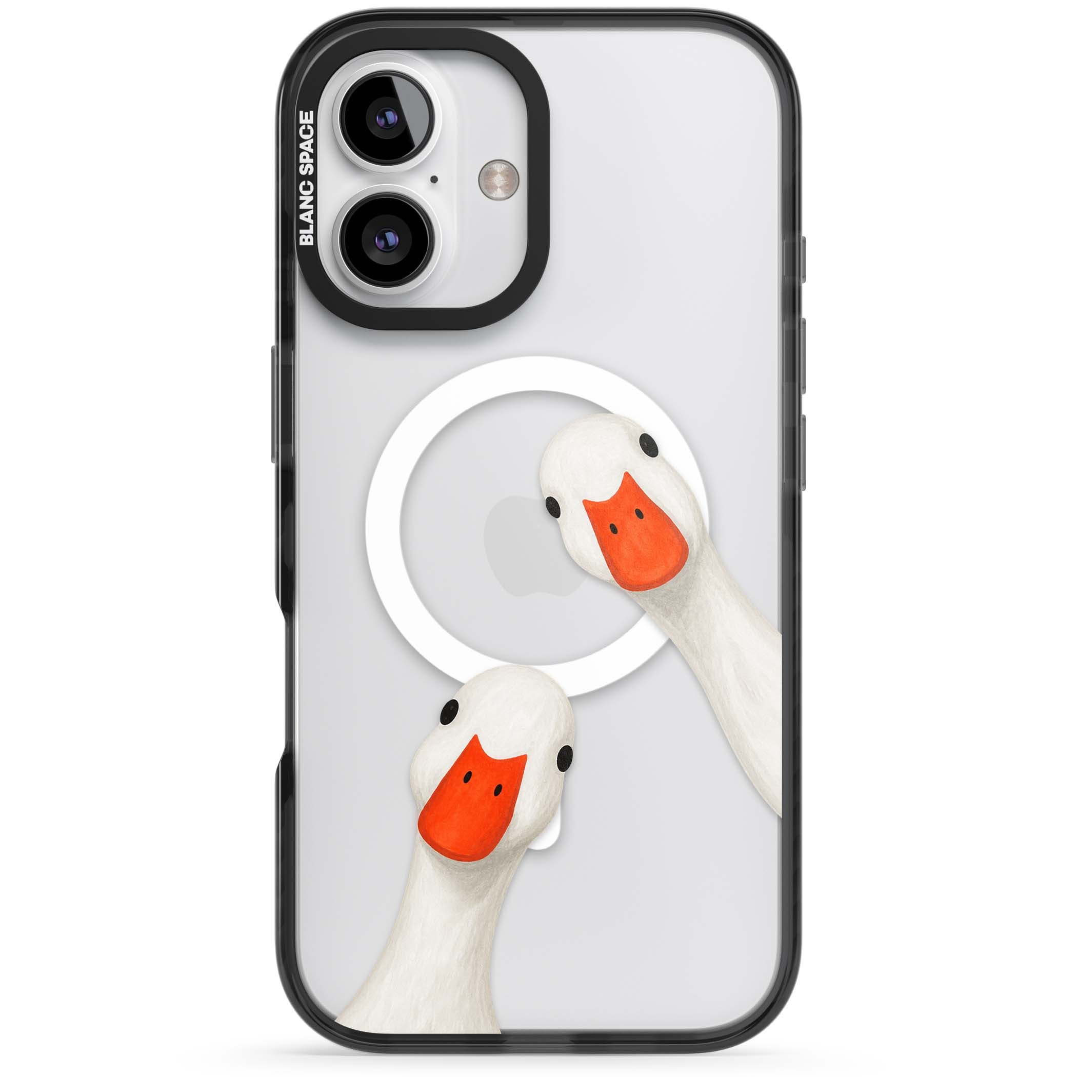 Nosy Ducks cottagecore iPhone case featuring two peeking white ducks with orange beaks on a clear background | Black Impact Magsafe case for iPhone 16, iPhone 16 Plus