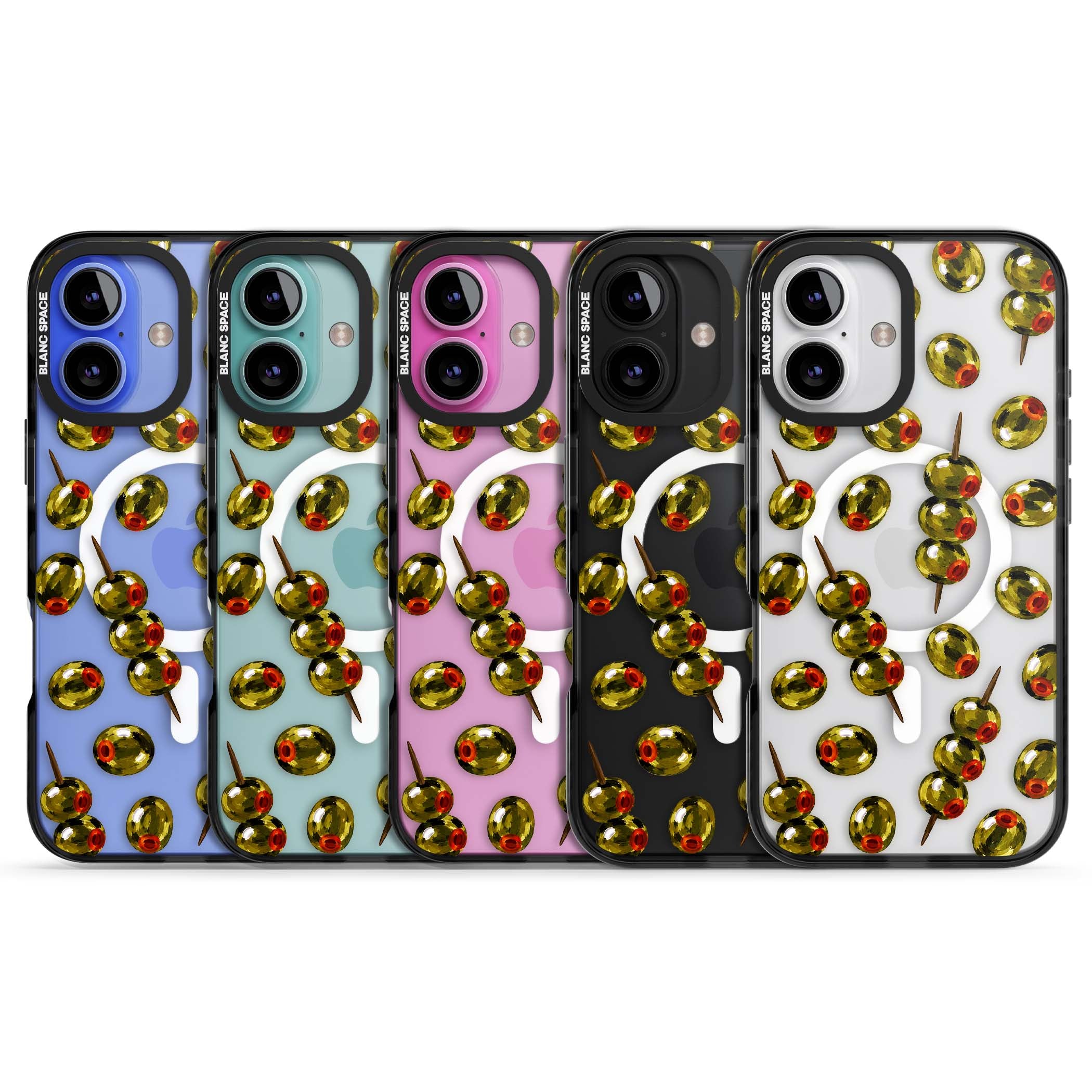 Painted Olives cocktail iPhone case featuring green olives, pimento centres and toothpick skewers on a clear background | Black Impact Magsafe case for iPhone 16, iPhone 16 Plus