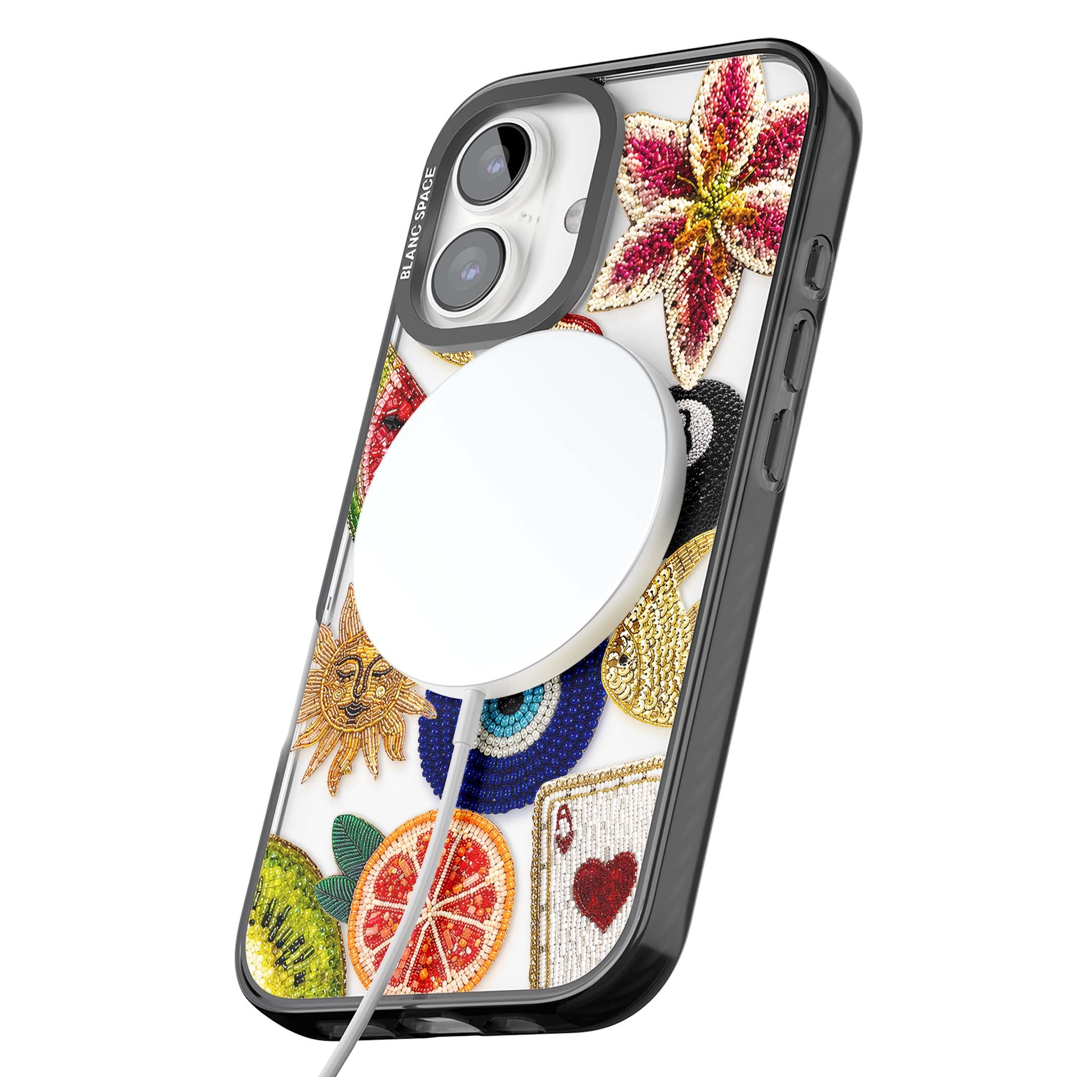 Beaded Charms embroidery iPhone case featuring beaded evil eye, fruit patches and a golden sun motif | Black Impact Magsafe case for iPhone 16, iPhone 16 Plus