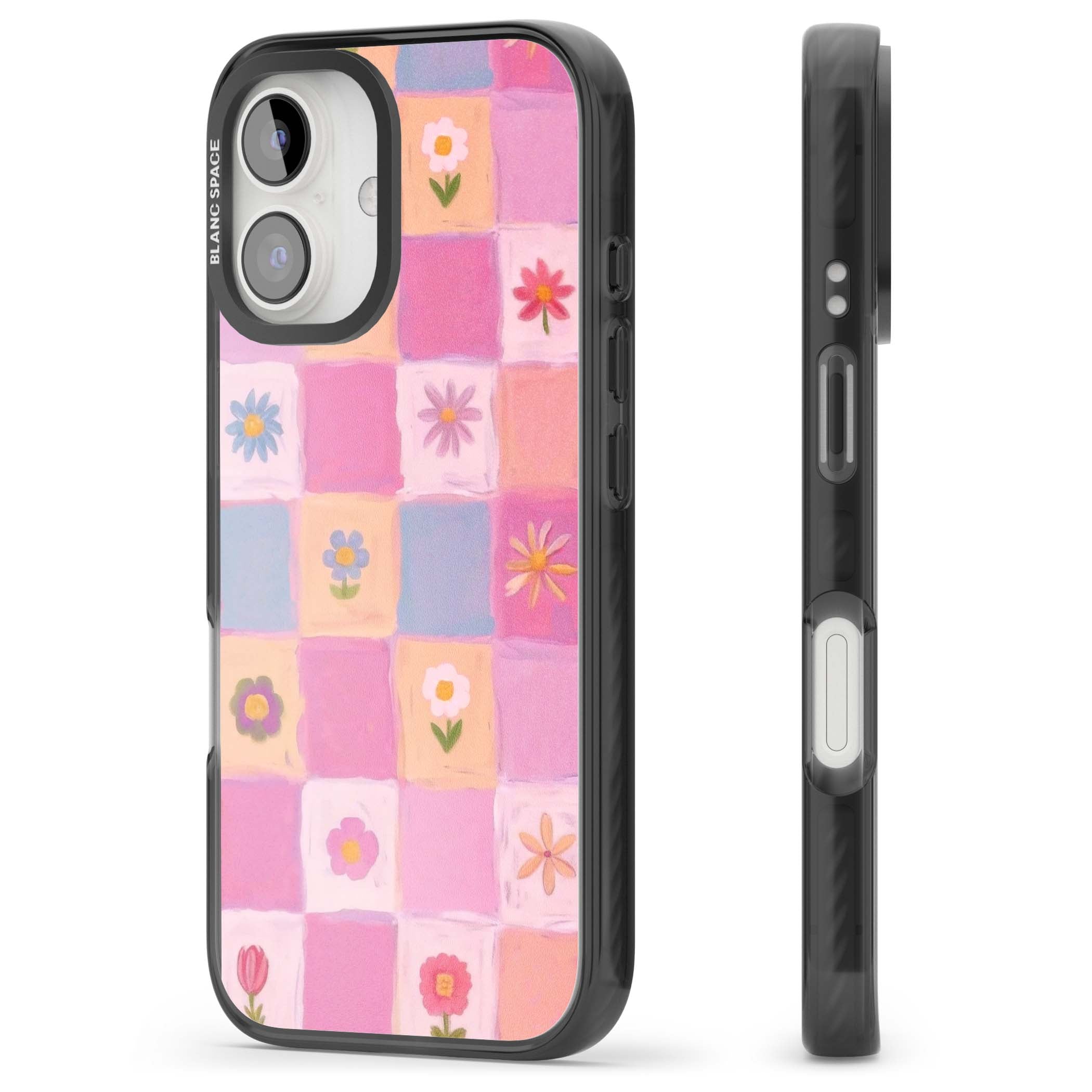 Pastel Flower Patchwork cottagecore iPhone case featuring painted pink and lilac squares with daisies and wildflowers | Black Impact Magsafe case for iPhone 16, iPhone 16 Plus