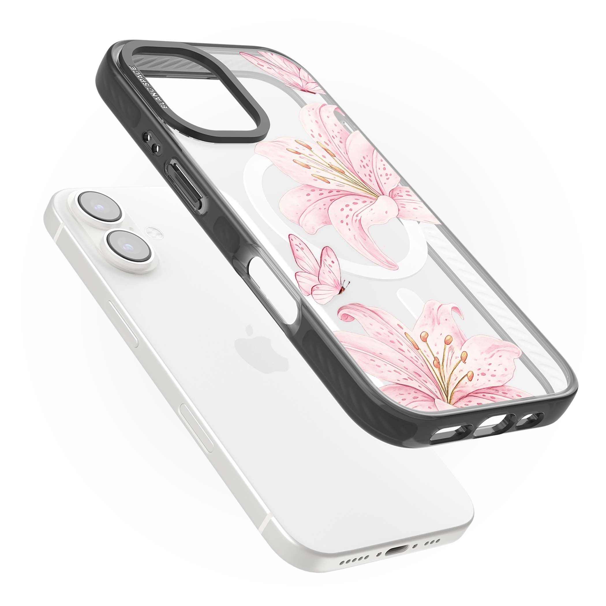 Lily Whisper floral iPhone case featuring pink watercolour lilies and delicate butterflies on a clear background | Black Impact Magsafe case for iPhone 16, iPhone 16 Plus