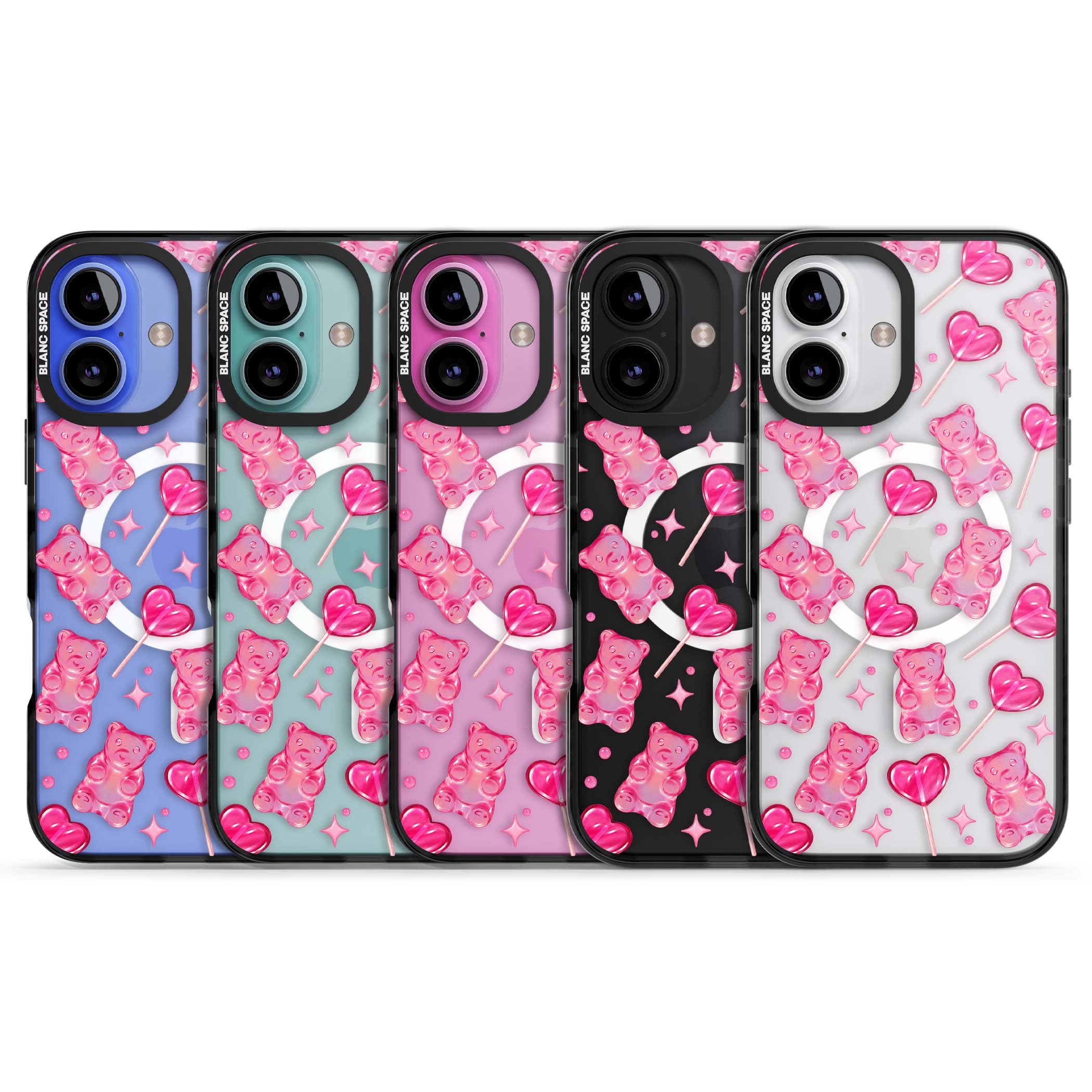 Pink Sugar pinkcore iPhone case featuring pink gummy bears, heart-shaped lollipops and sparkle stars | Black Impact Magsafe case for iPhone 16, iPhone 16 Plus