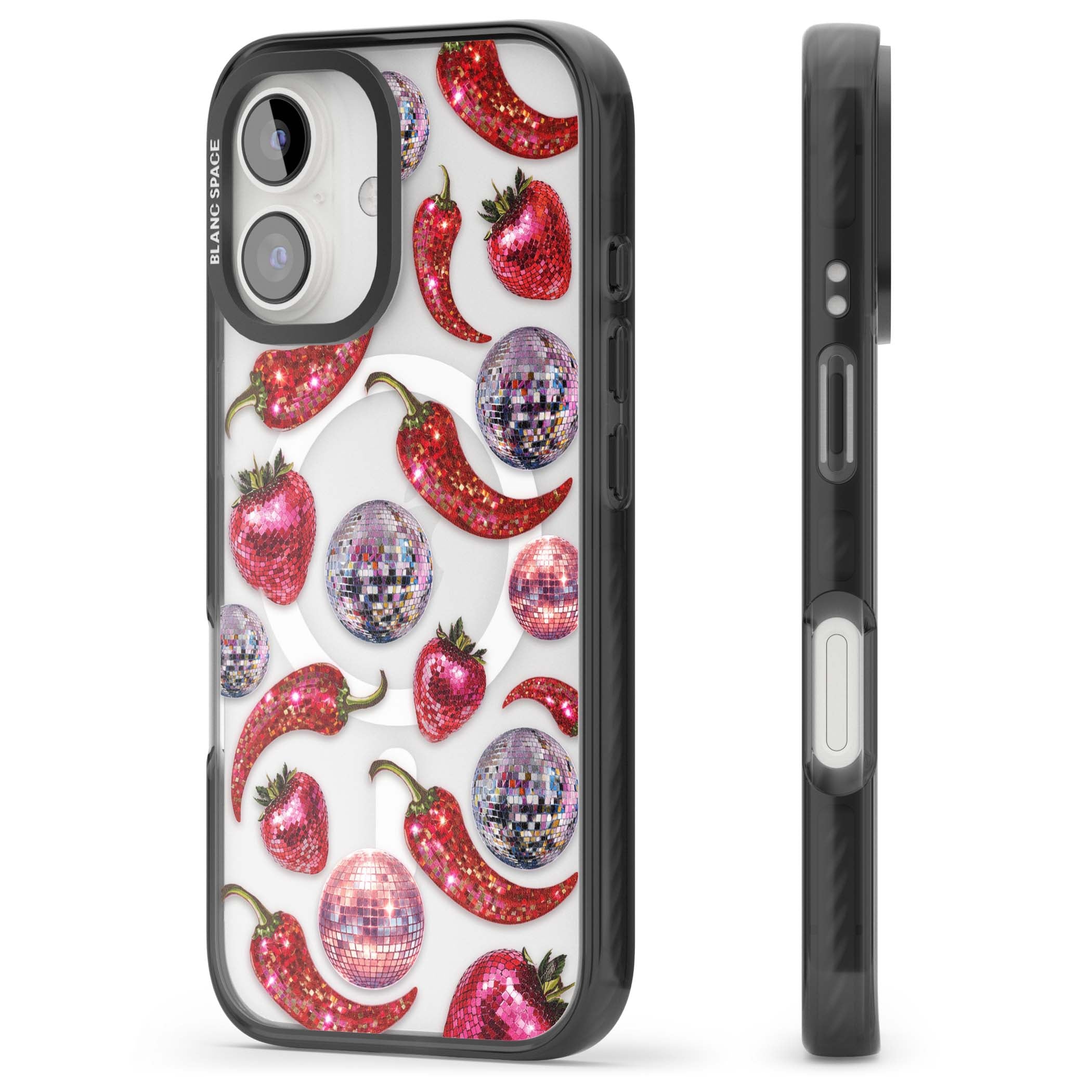 Spicy Disco Y2K iPhone case featuring glitter disco balls, sparkly strawberries and red chilli peppers | Black Impact Magsafe case for iPhone 16, iPhone 16 Plus
