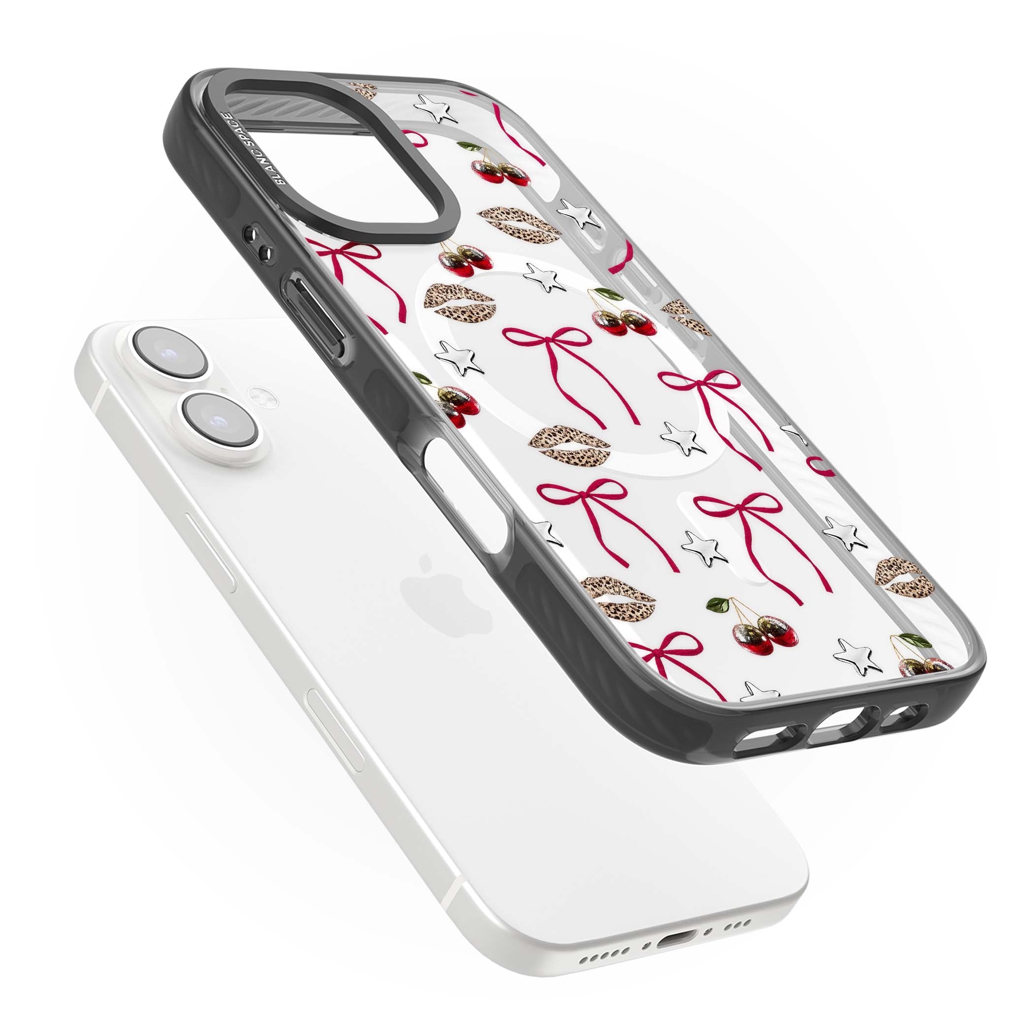Starlet coquette iPhone case featuring red ribbon bows, disco cherries and leopard-print lips | Black Impact Magsafe case for iPhone 16, iPhone 16 Plus