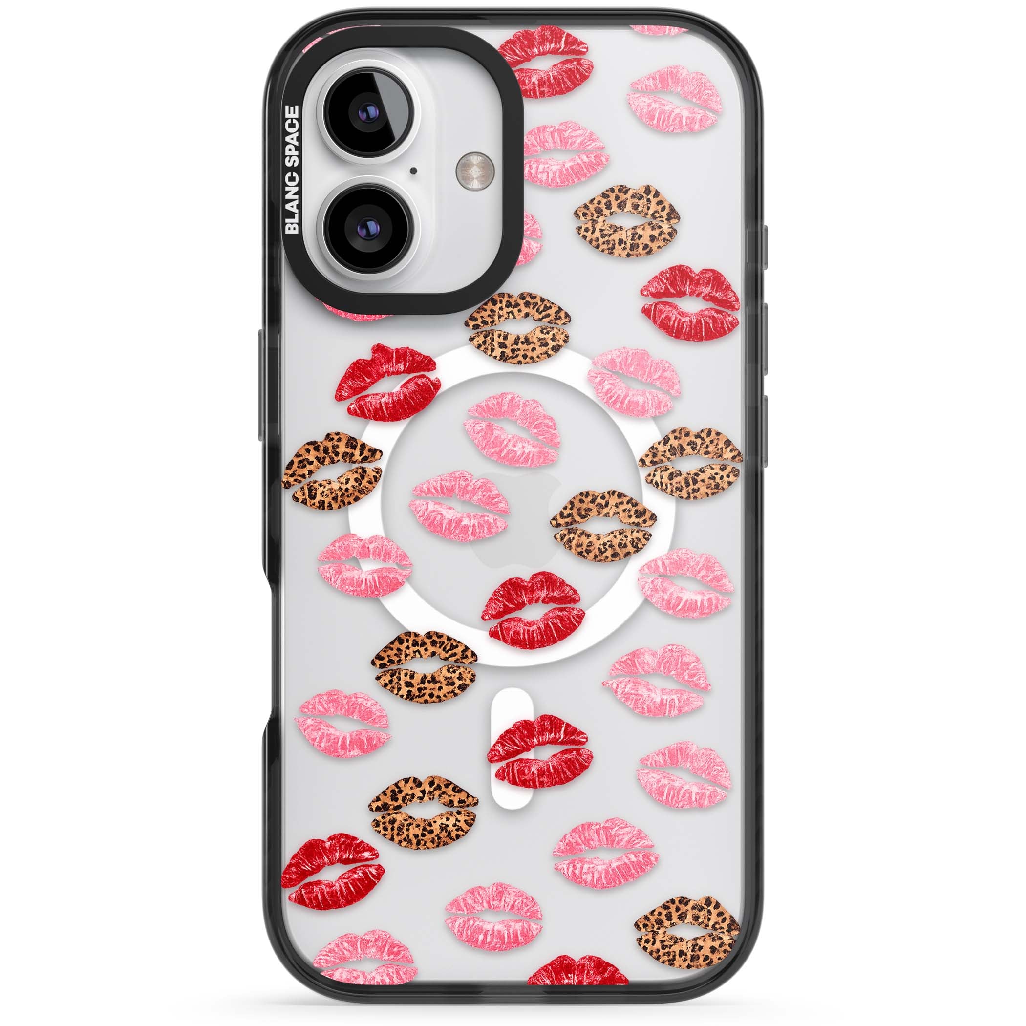 Wild Kisses coquette iPhone case featuring red, pink and leopard print lipstick kiss marks on a clear background | Black Impact Magsafe case for iPhone 16, iPhone 16 Plus