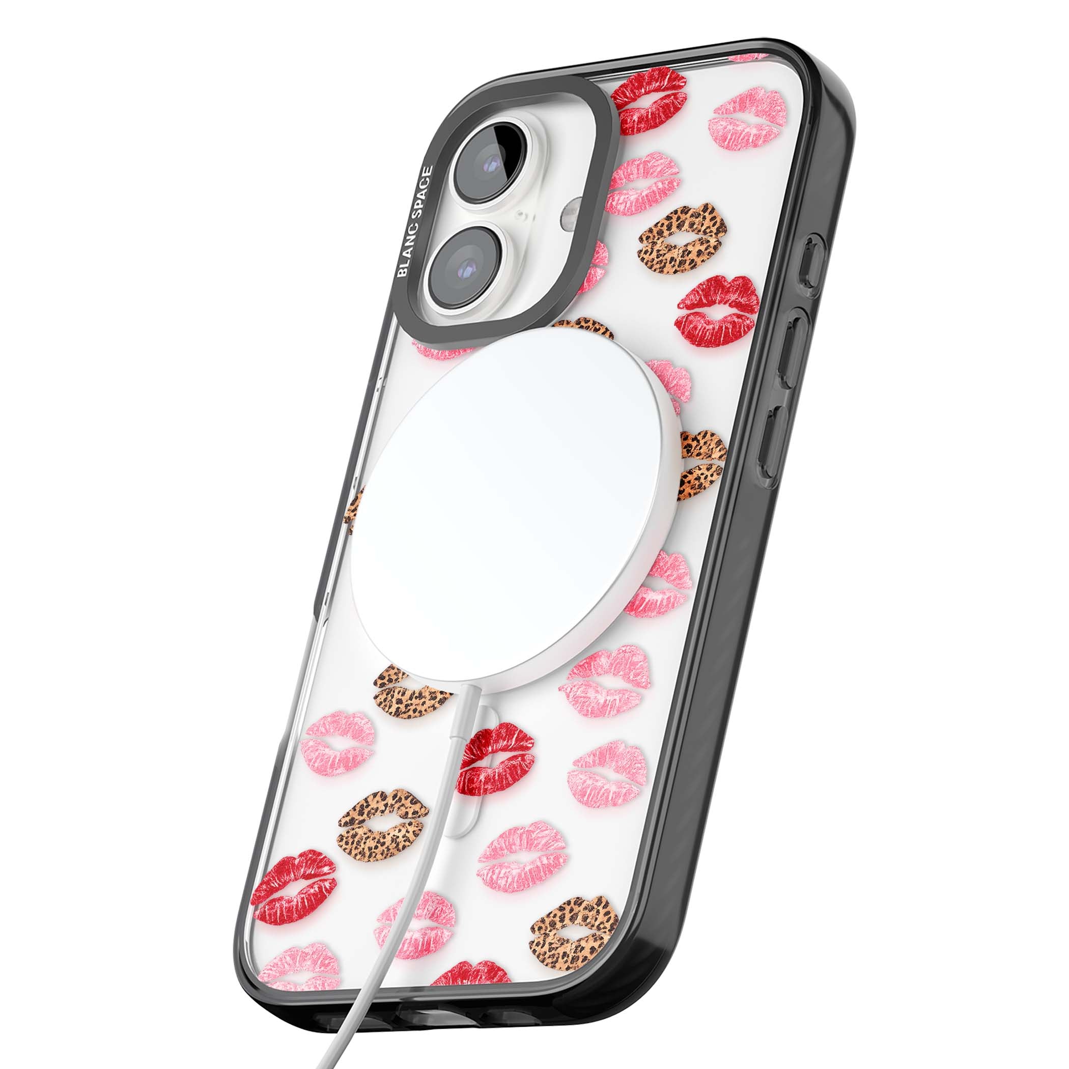 Wild Kisses coquette iPhone case featuring red, pink and leopard print lipstick kiss marks on a clear background | Black Impact Magsafe case for iPhone 16, iPhone 16 Plus
