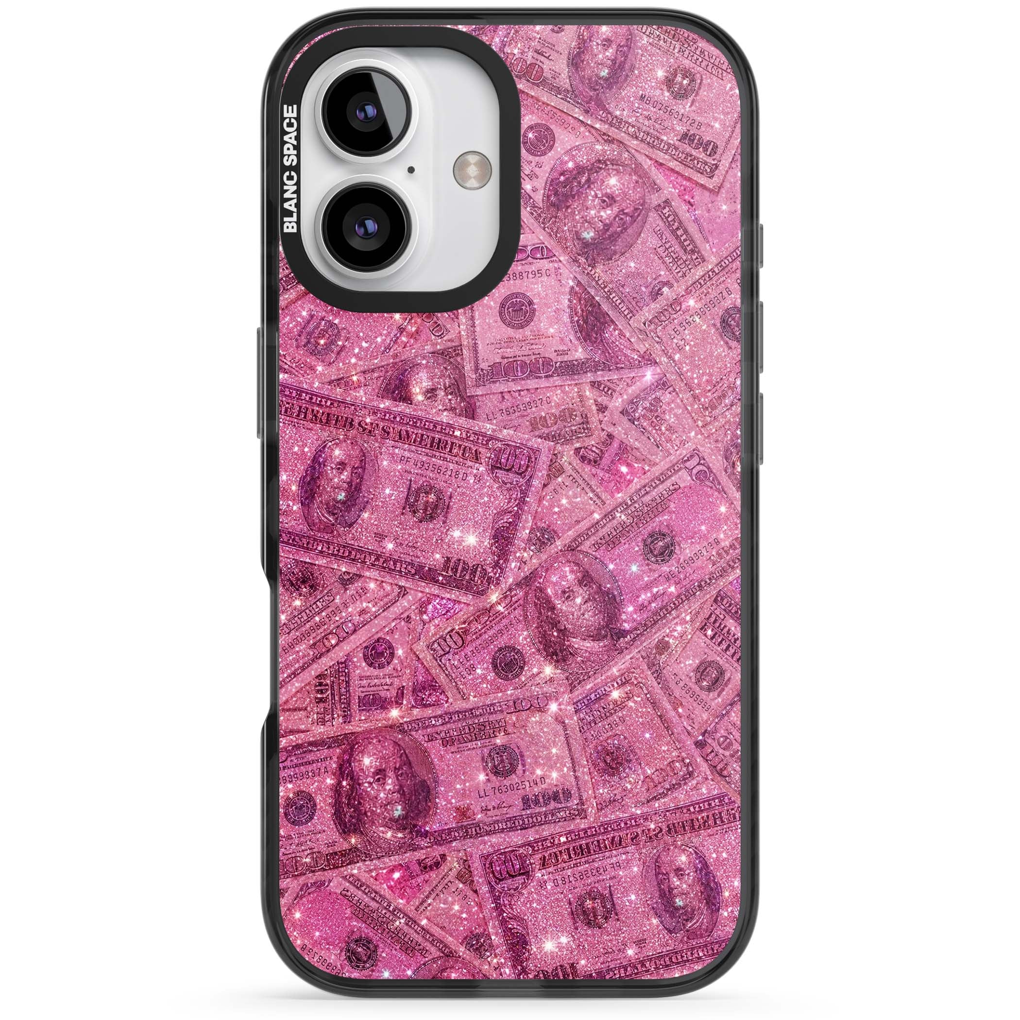 Glamorous baddie iPhone case featuring pink glitter hundred dollar bills and sparkling money wallpaper design | Black Impact Magsafe case for iPhone 16, iPhone 16 Plus