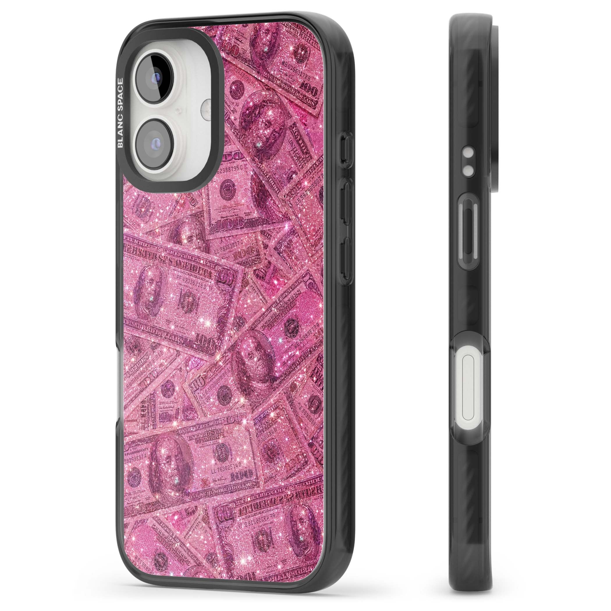 Glamorous baddie iPhone case featuring pink glitter hundred dollar bills and sparkling money wallpaper design | Black Impact Magsafe case for iPhone 16, iPhone 16 Plus