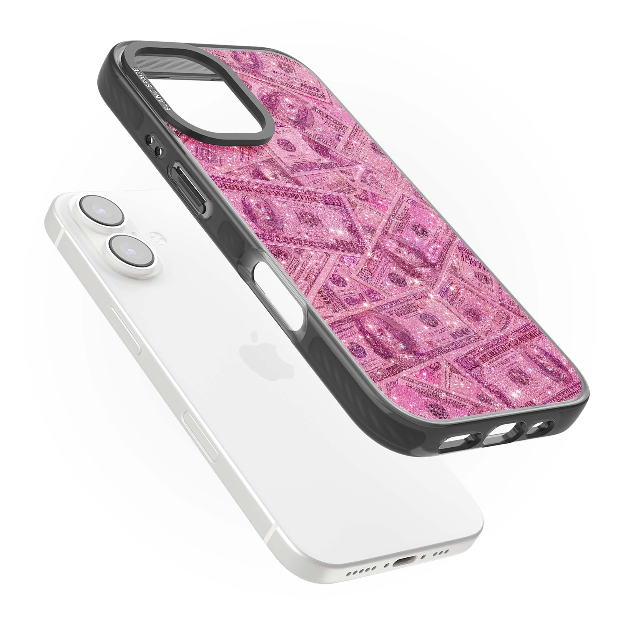 Glamorous baddie iPhone case featuring pink glitter hundred dollar bills and sparkling money wallpaper design | Black Impact Magsafe case for iPhone 16, iPhone 16 Plus