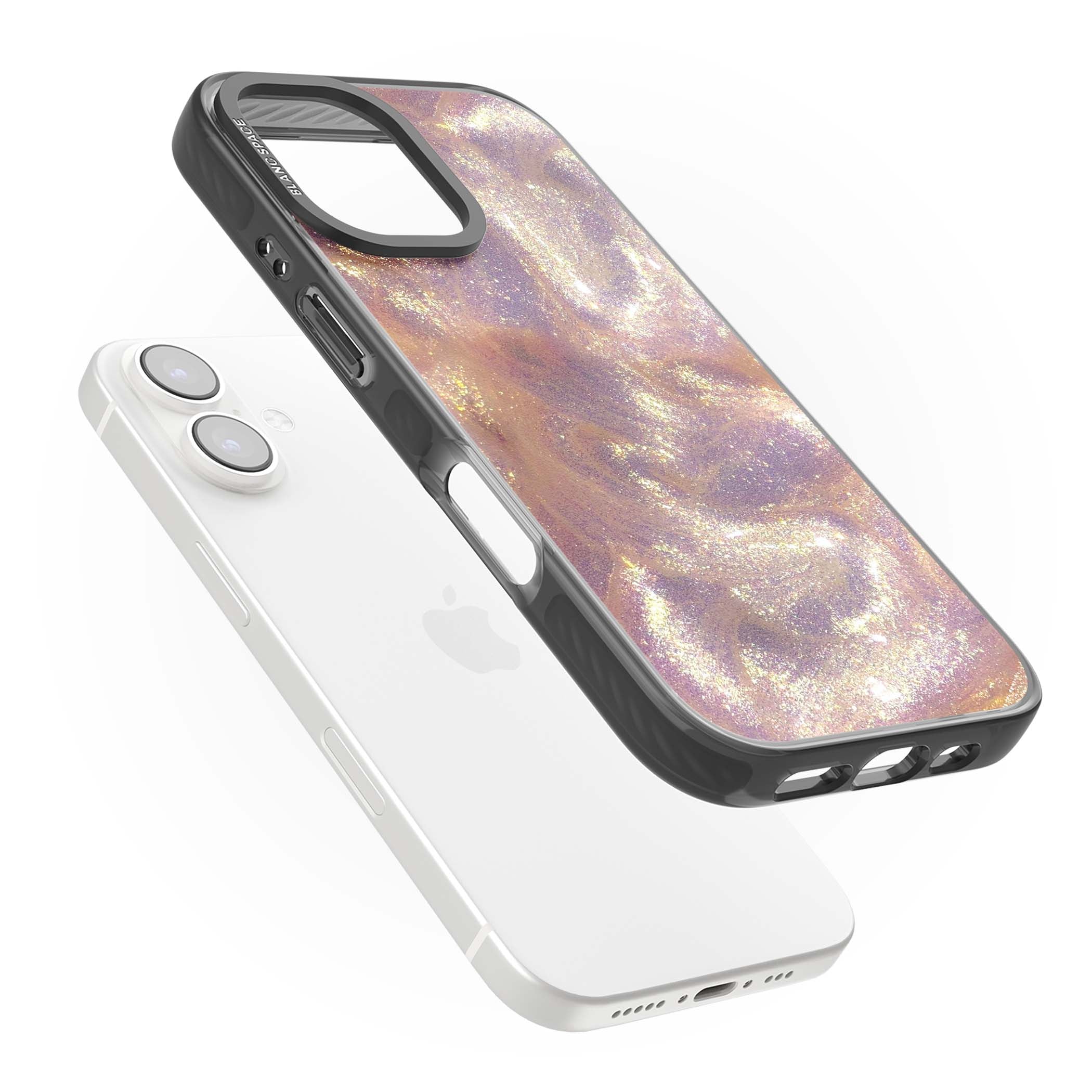 Shimmer marble iPhone case featuring rose gold glitter swirls, lilac shimmer and iridescent pearl finish | Black Impact Magsafe case for iPhone 16, iPhone 16 Plus