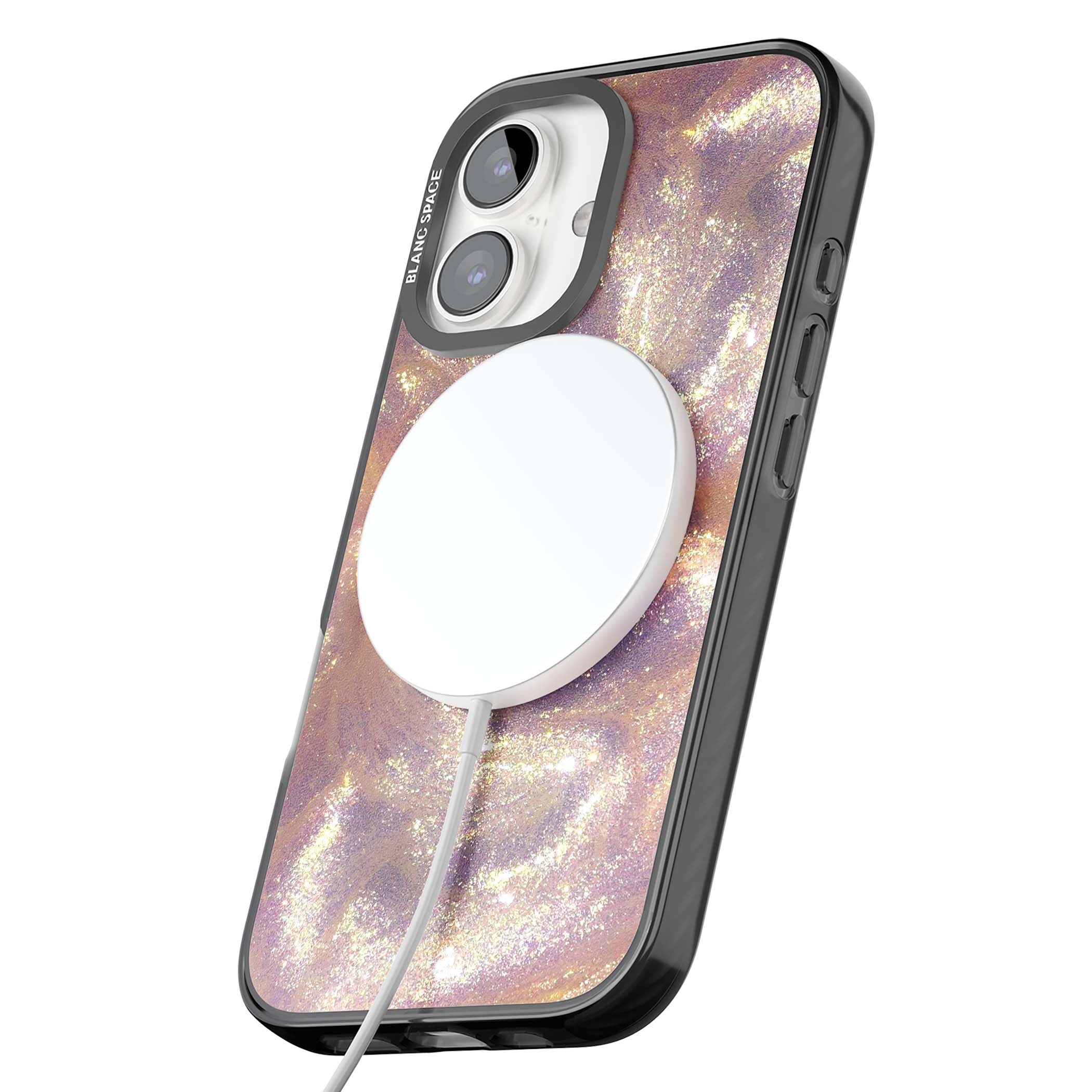 Shimmer marble iPhone case featuring rose gold glitter swirls, lilac shimmer and iridescent pearl finish | Black Impact Magsafe case for iPhone 16, iPhone 16 Plus
