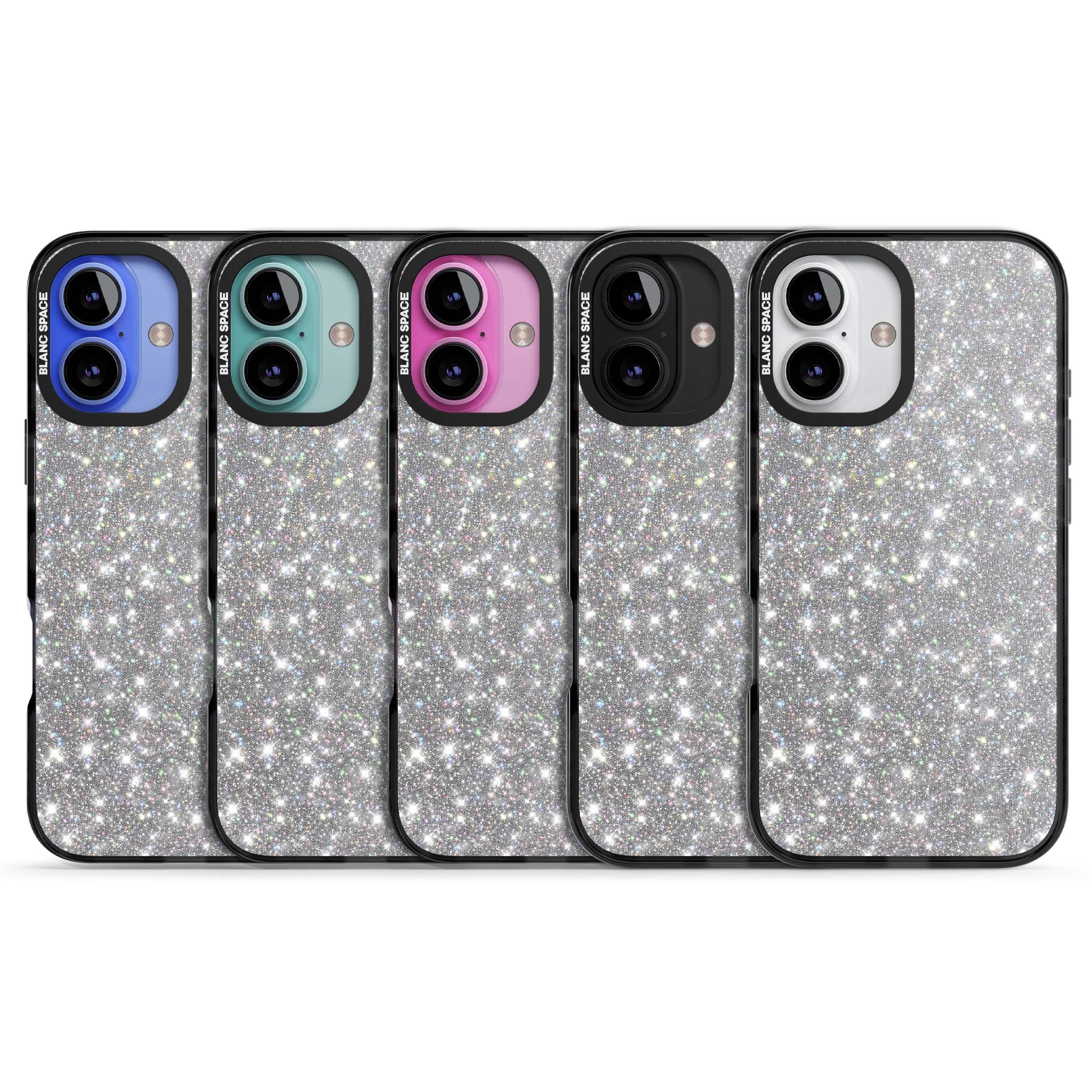 Diamond glam iPhone case featuring silver glitter sparkle and shimmering diamond dust effect | Black Impact Magsafe case for iPhone 16, iPhone 16 Plus