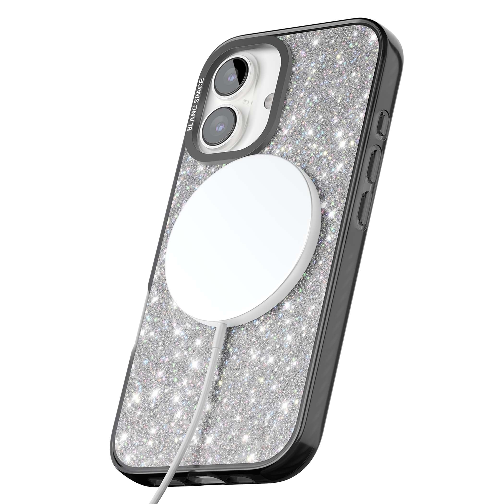Diamond glam iPhone case featuring silver glitter sparkle and shimmering diamond dust effect | Black Impact Magsafe case for iPhone 16, iPhone 16 Plus