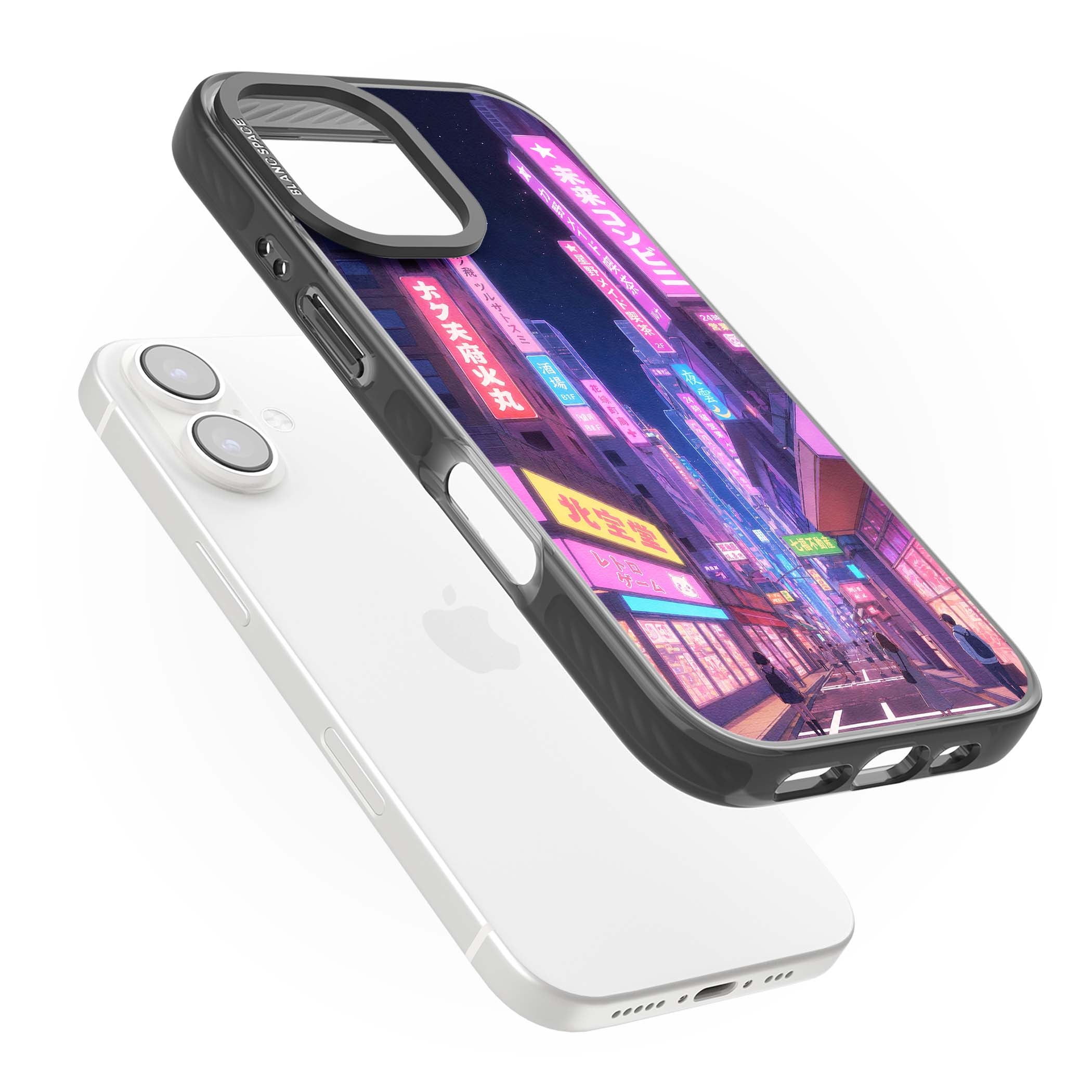 Shibuya At Night Japanese neon city iPhone case featuring glowing kanji signs, pink storefronts and a Tokyo street at n | Black Impact Magsafe case for iPhone 16, iPhone 16 Plus