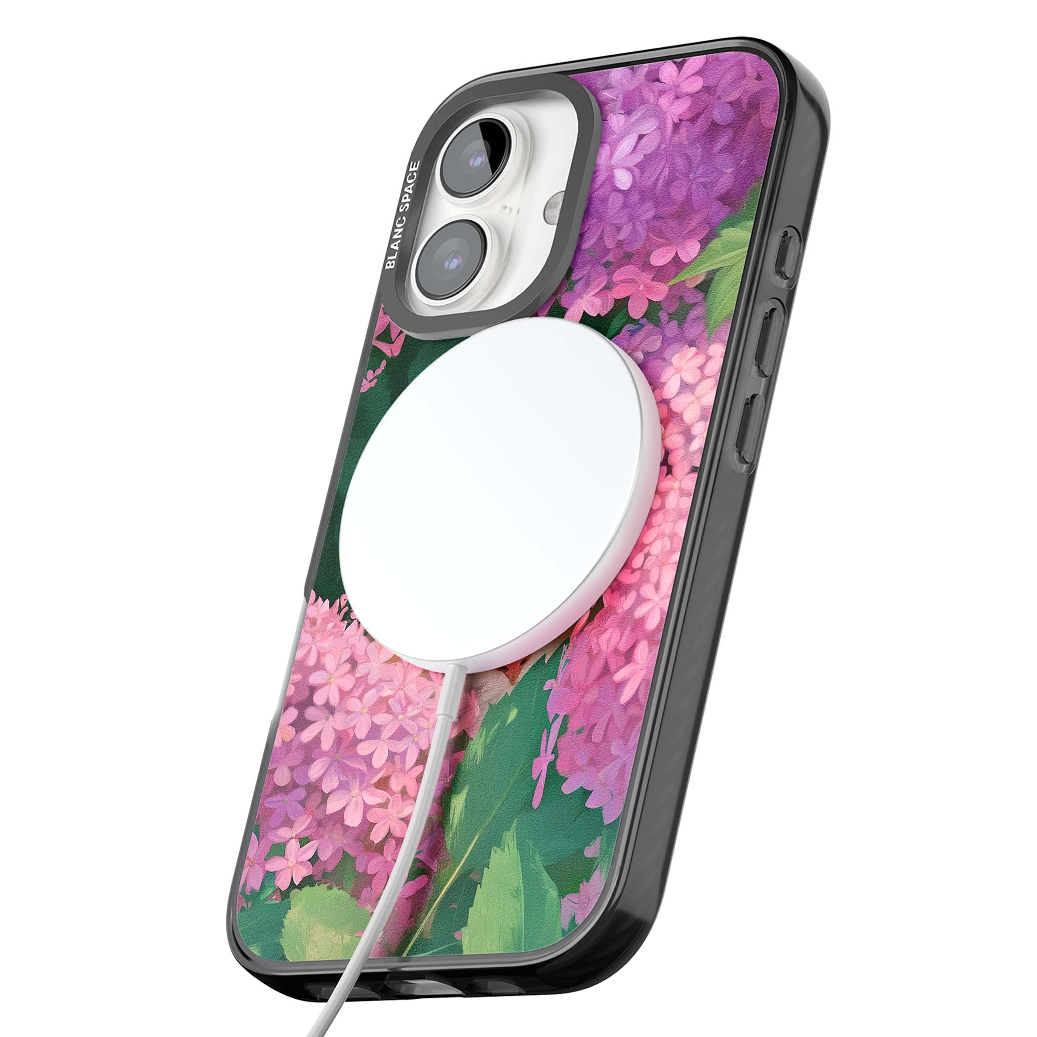 Cat In Pink Flowers cottagecore iPhone case featuring a ginger kitten peeking through lilac and pink hydrangea flo | Black Impact Magsafe case for iPhone 16, iPhone 16 Plus