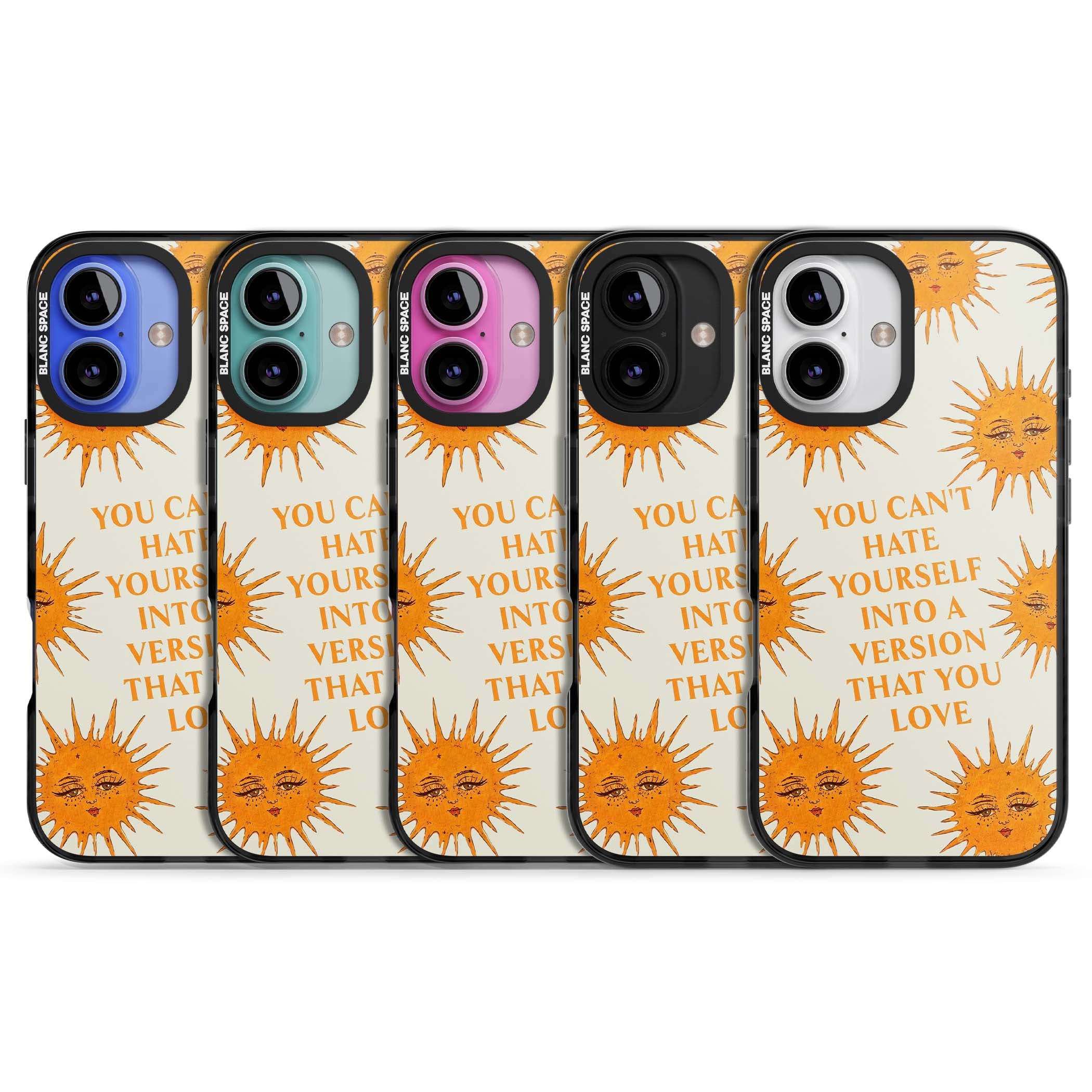 Don't Hate Yourself celestial iPhone case featuring vintage sun faces, ochre rays and a self-love quote | Black Impact Magsafe case for iPhone 16, iPhone 16 Plus