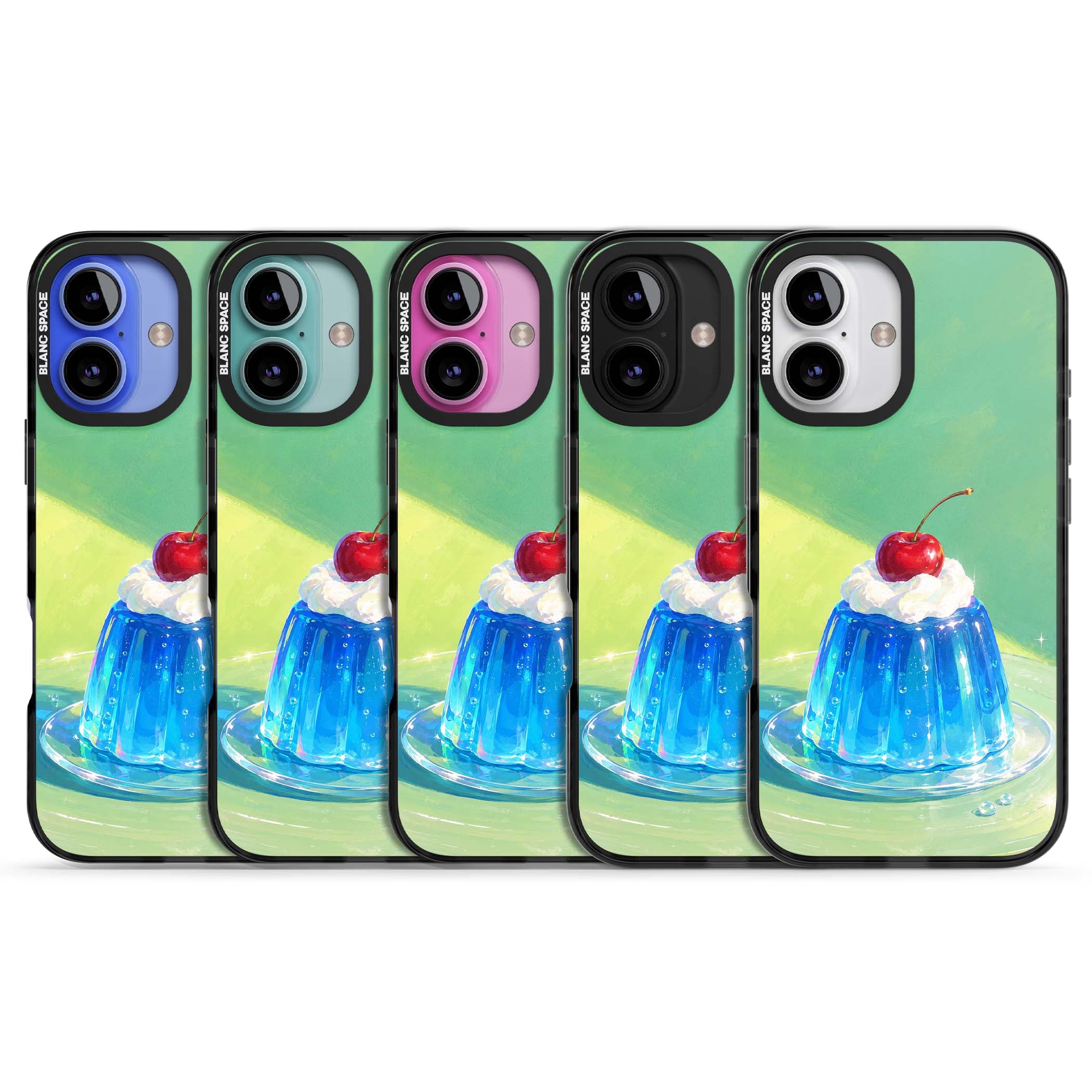 Cherry Jelly kawaii dessert iPhone case featuring blue jelly pudding, whipped cream and a red cherry | Black Impact Magsafe case for iPhone 16, iPhone 16 Plus
