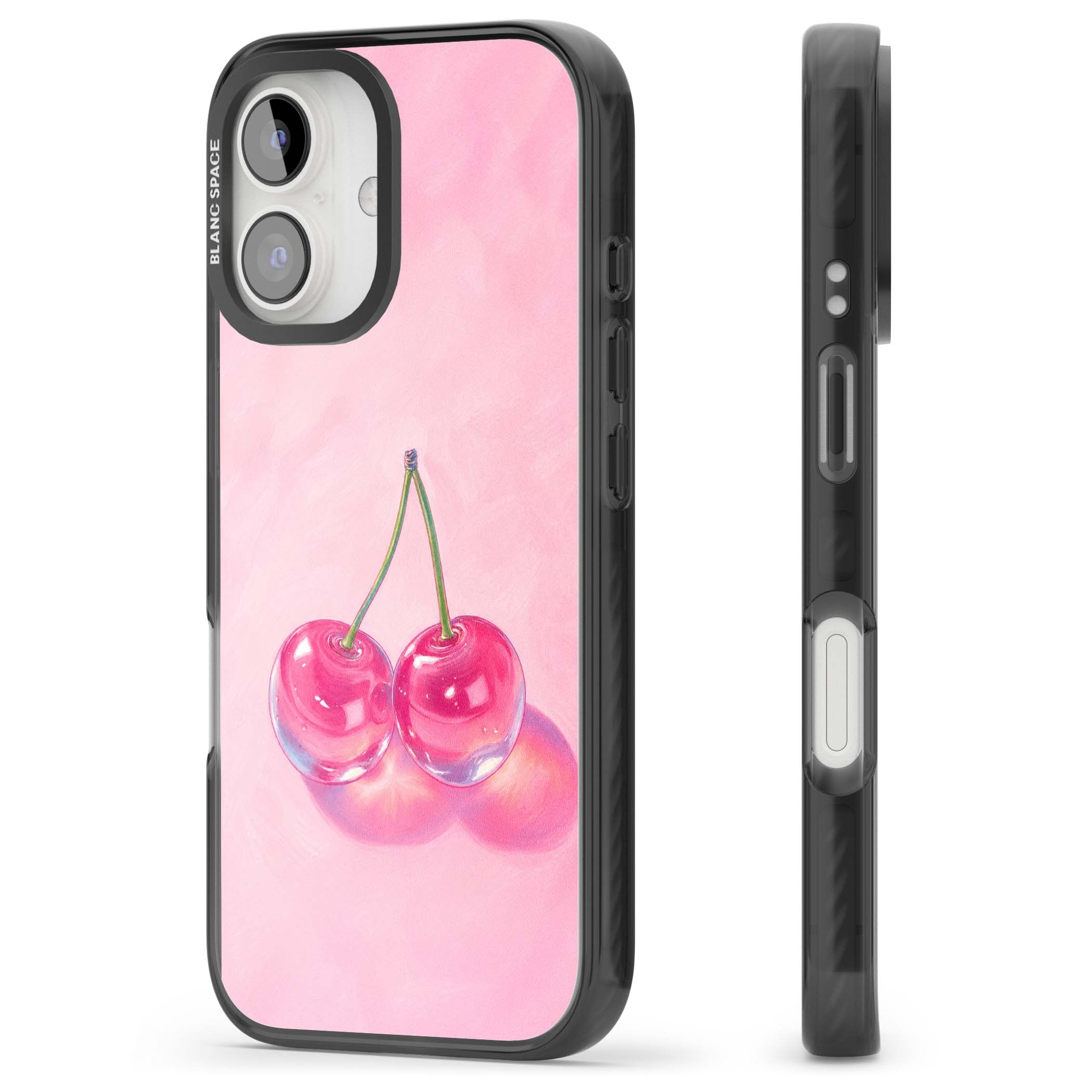 Pink Glass Cherry coquette iPhone case featuring two glossy painted cherries on a soft pink background | Black Impact Magsafe case for iPhone 16, iPhone 16 Plus
