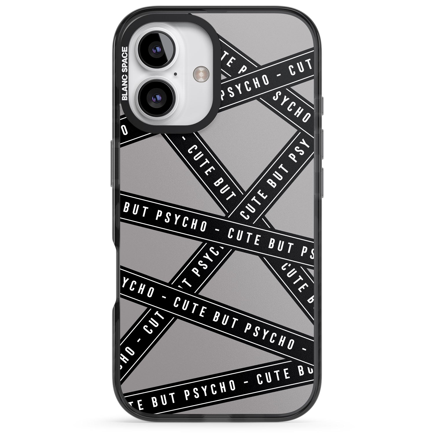 iPhone 16 Pro Max Caution Tape Phrases Cute But Psycho Black Impact Phone Case