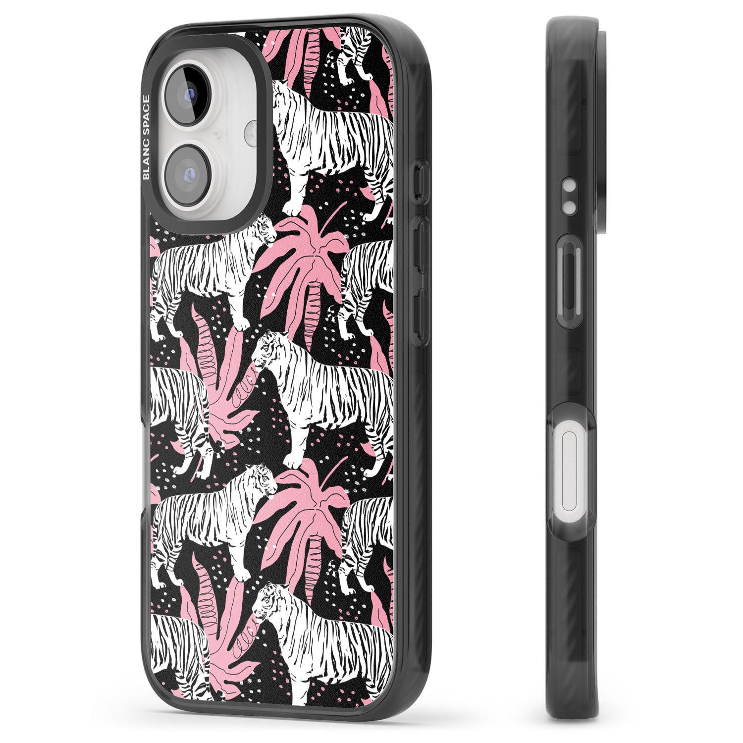 iPhone 16 Pro Max White Tigers on Black Pattern Black Impact Phone Case