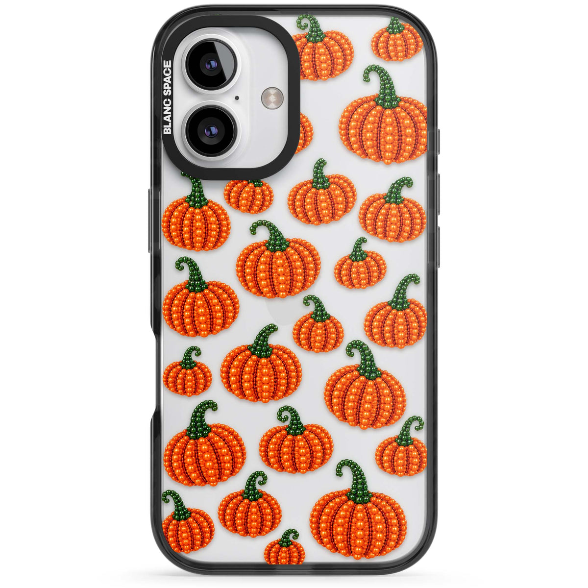 Beaded Pumpkins halloween iPhone case featuring beaded orange pumpkins with green stems on a clear background | Black Impact case for iPhone 16, iPhone 16 Plus