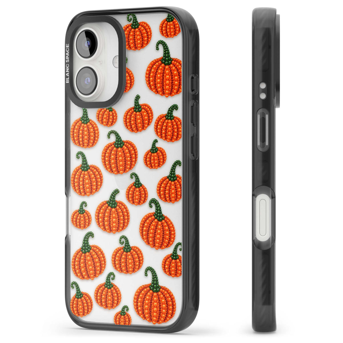 Beaded Pumpkins halloween iPhone case featuring beaded orange pumpkins with green stems on a clear background | Black Impact case for iPhone 16, iPhone 16 Plus