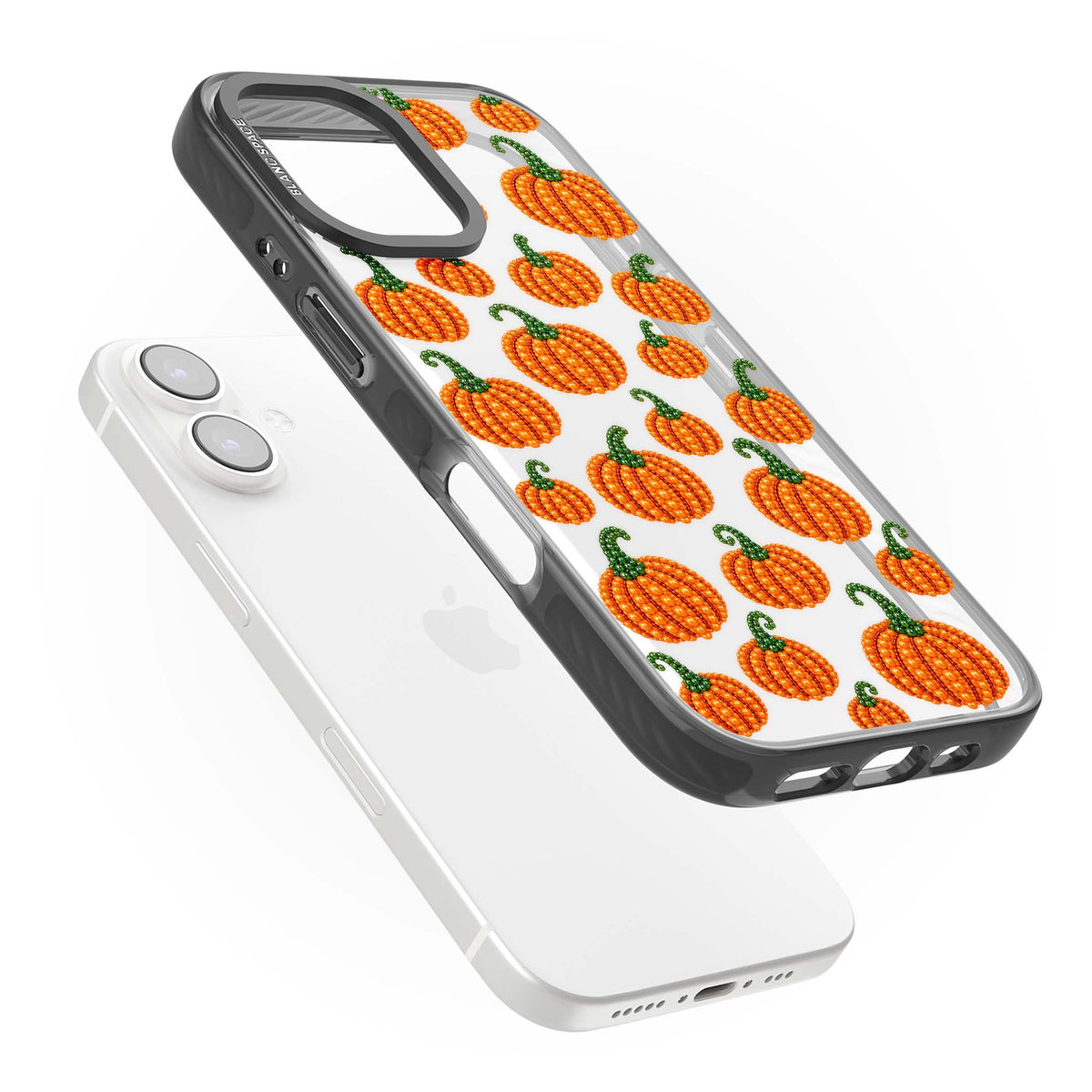 Beaded Pumpkins halloween iPhone case featuring beaded orange pumpkins with green stems on a clear background | Black Impact case for iPhone 16, iPhone 16 Plus