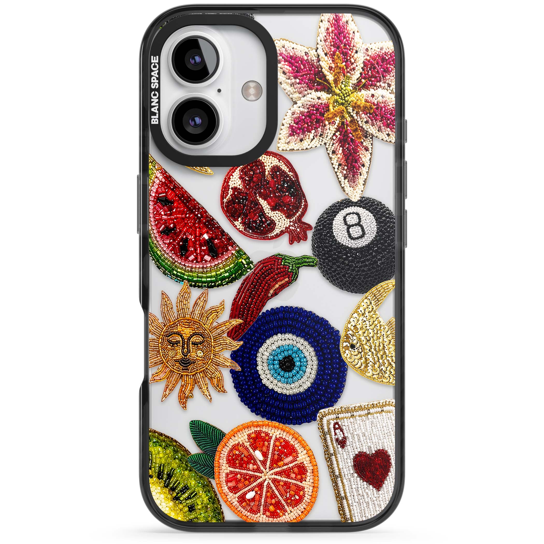 Beaded Charms embroidery iPhone case featuring beaded evil eye, fruit patches and a golden sun motif | Black Impact case for iPhone 16, iPhone 16 Plus