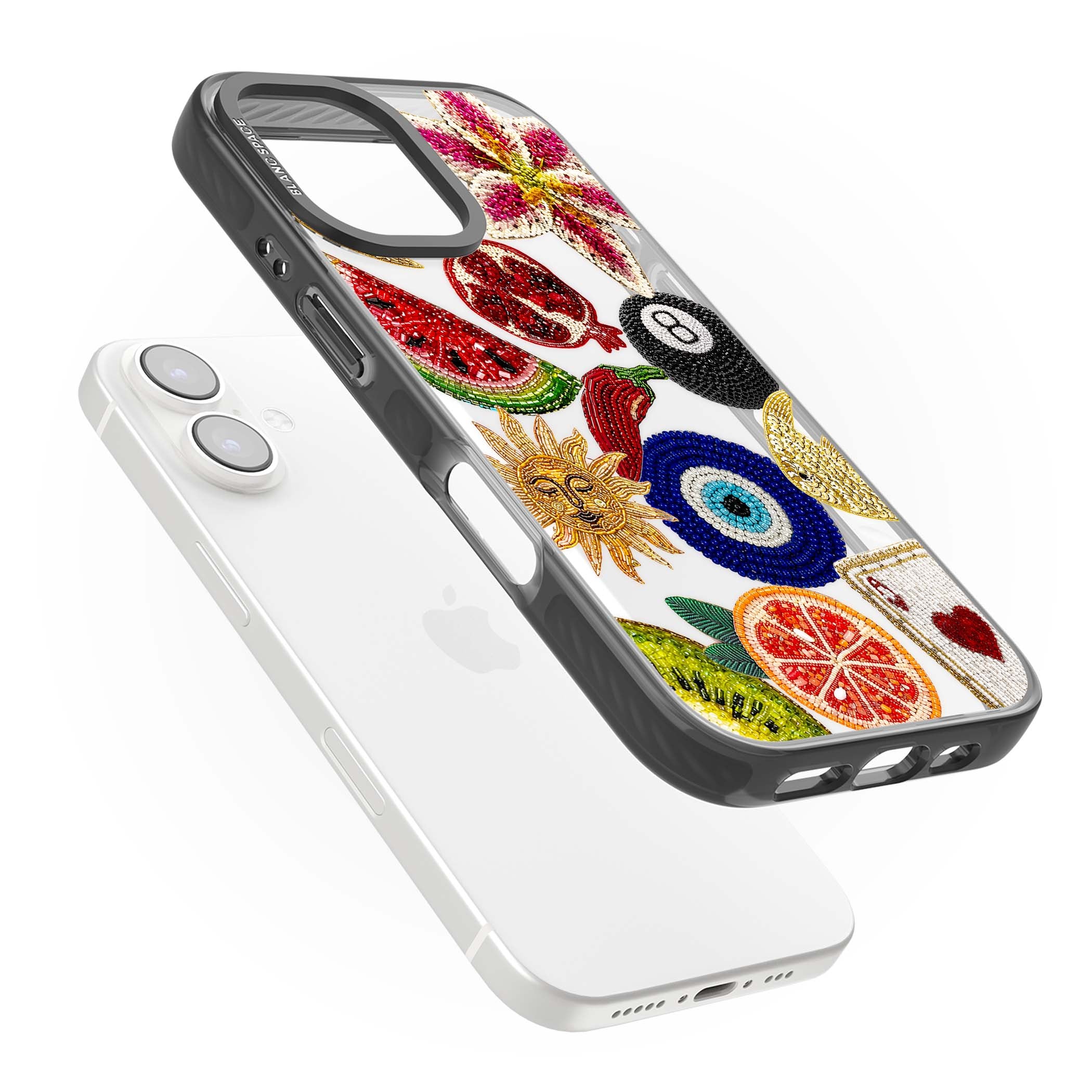 Beaded Charms embroidery iPhone case featuring beaded evil eye, fruit patches and a golden sun motif | Black Impact case for iPhone 16, iPhone 16 Plus