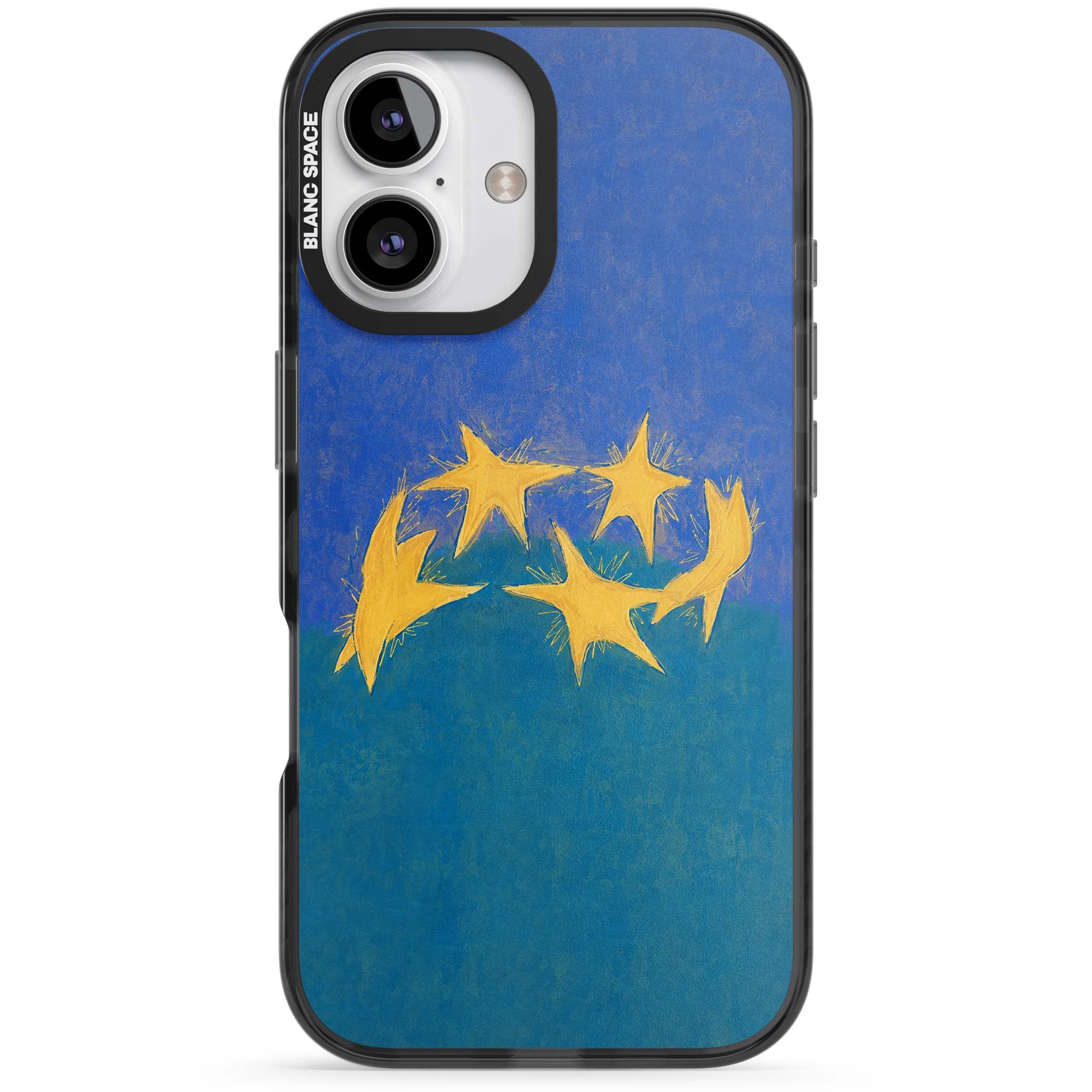Star Boogie stars aesthetic iPhone case featuring five yellow hand-painted stars on cobalt blue and teal | Black Impact case for iPhone 16, iPhone 16 Plus