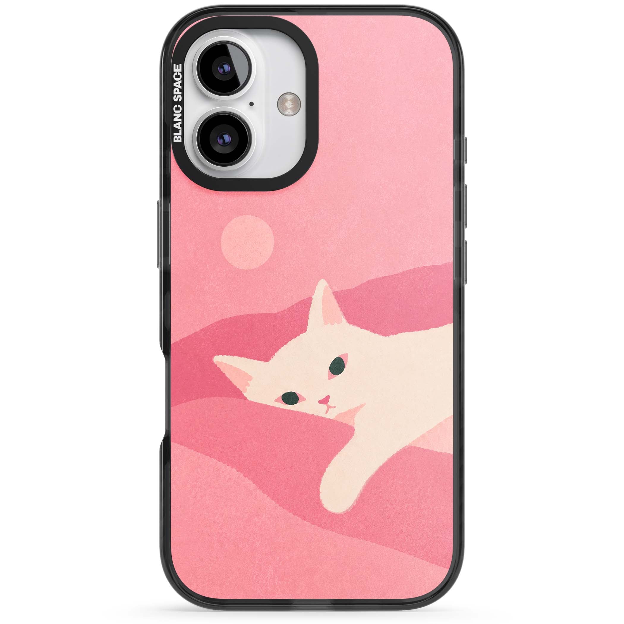 Pink Dreams cute cat iPhone case featuring a white kitten, soft pink hills and a pale pastel sun | Black Impact case for iPhone 16, iPhone 16 Plus