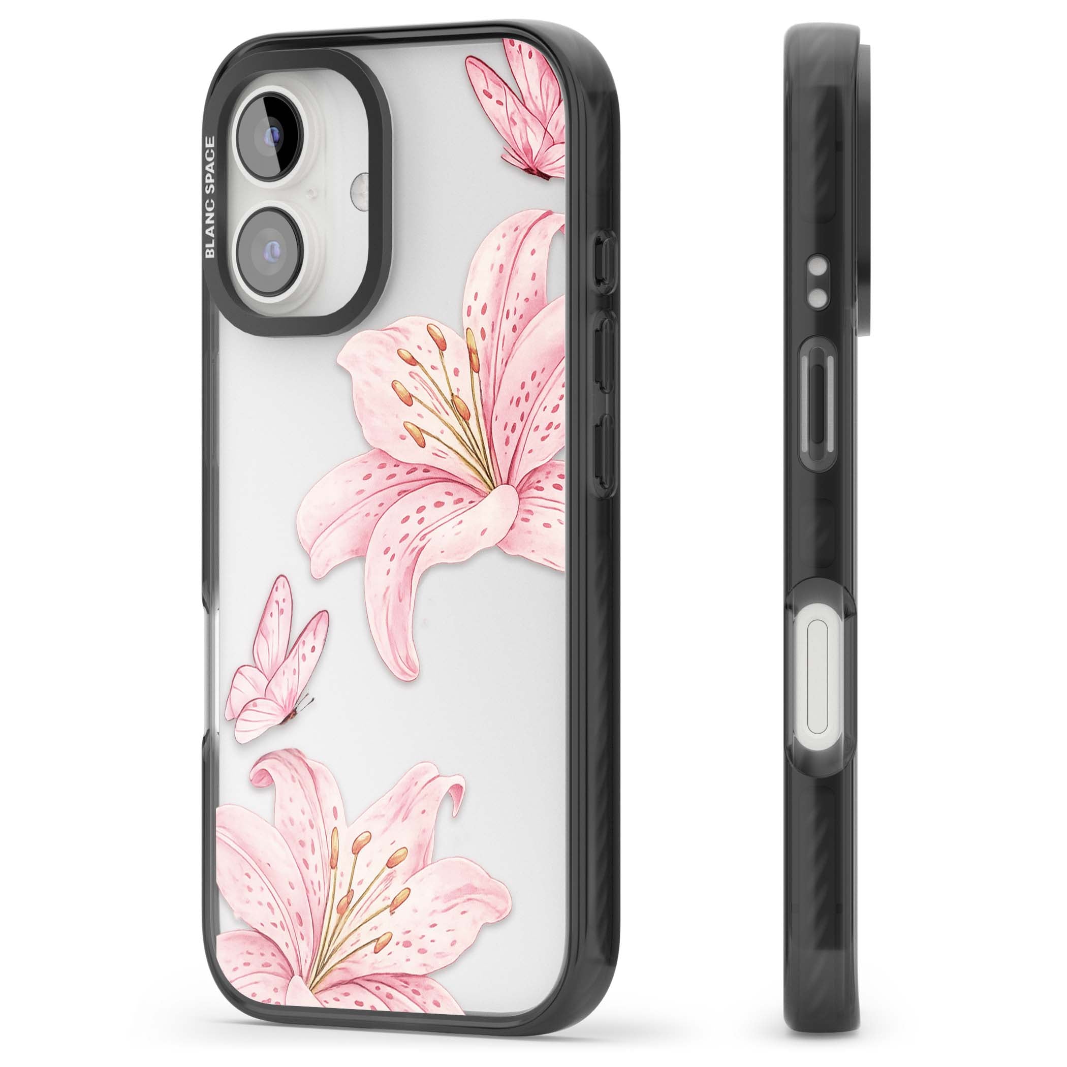 Lily Whisper floral iPhone case featuring pink watercolour lilies and delicate butterflies on a clear background | Black Impact case for iPhone 16, iPhone 16 Plus