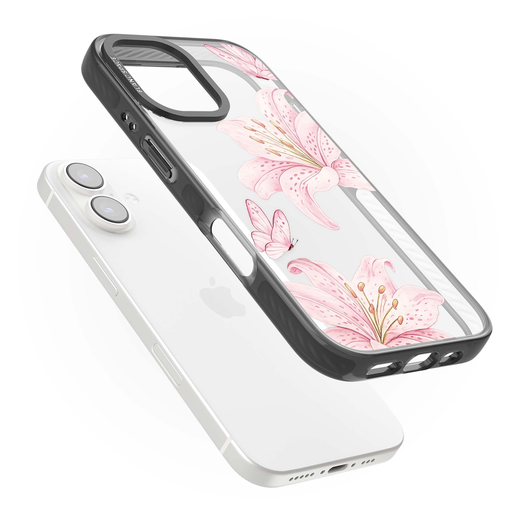 Lily Whisper floral iPhone case featuring pink watercolour lilies and delicate butterflies on a clear background | Black Impact case for iPhone 16, iPhone 16 Plus